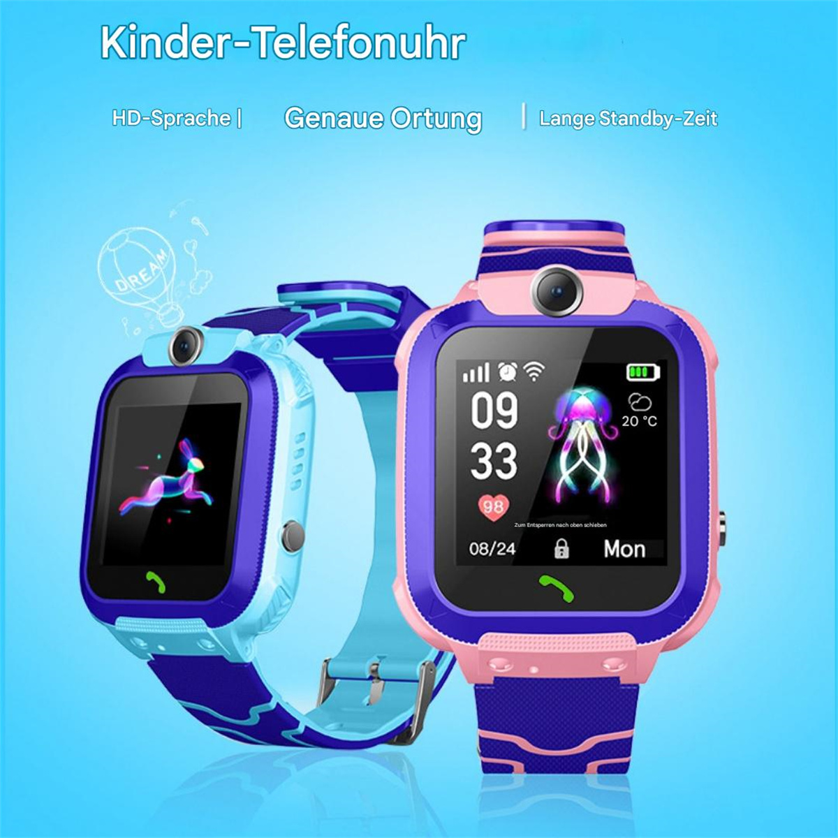 Zwei Smartwatches, blau und rosa, mit Digitalanzeigen auf blauem Grund.