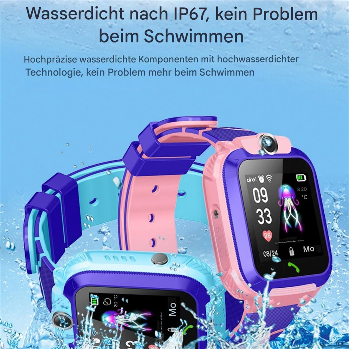 Zwei Smartwatches im Wasser. Eine ist pink und lila, die andere blau und lila.