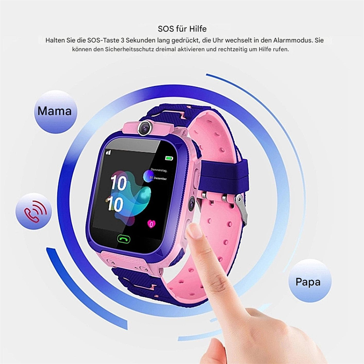 Rosa-blaue Kinder-Smartwatch mit Touchscreen und den Wörtern Mama und Papa.