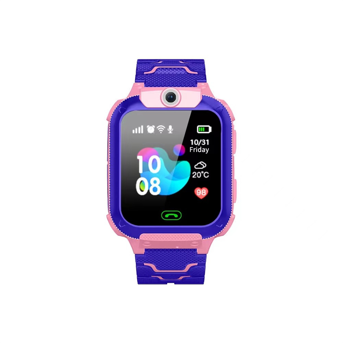 Blau-pinke Smartwatch, die Zeit, Datum, Wetter und Herzfrequenz anzeigt.