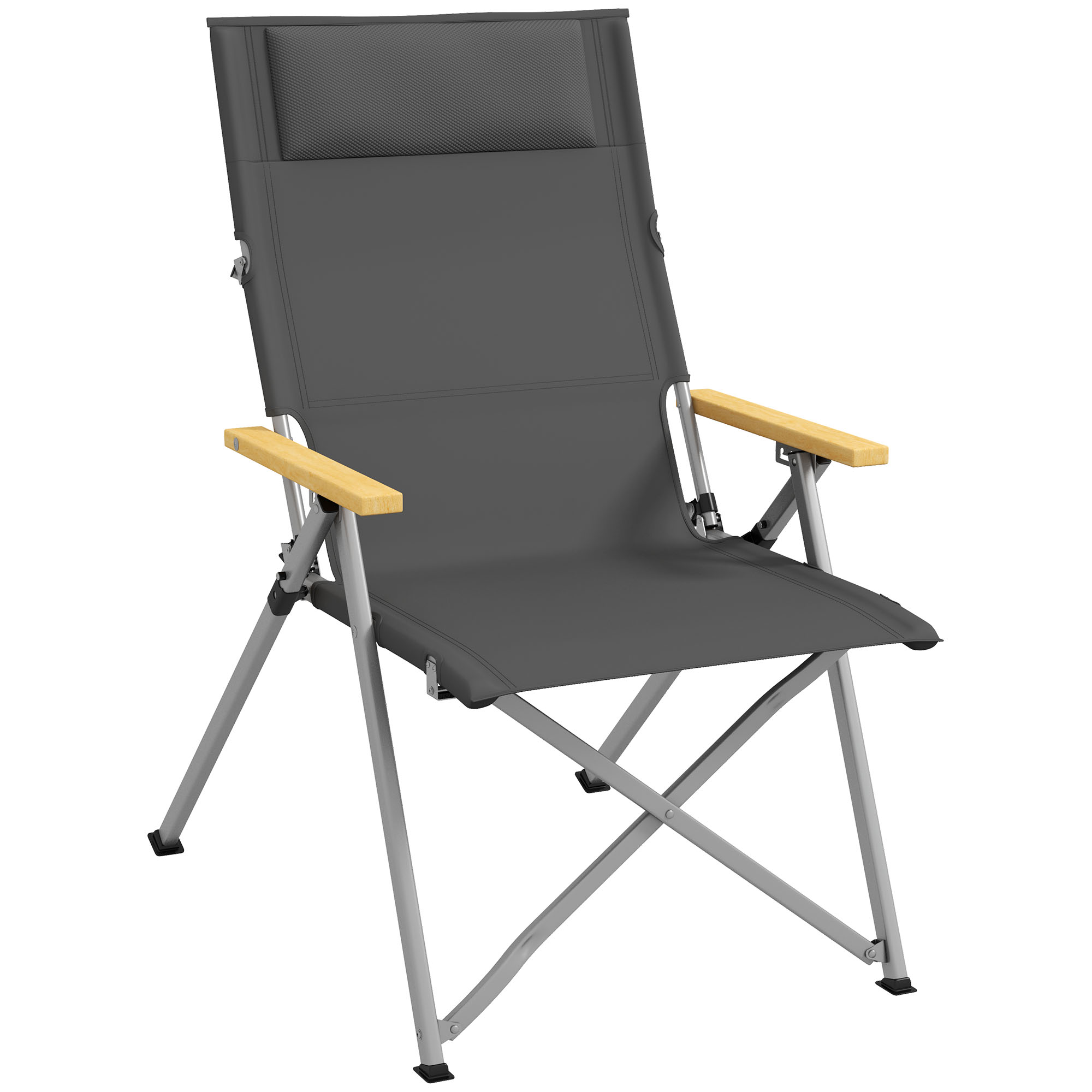 Grauer Campingstuhl mit Holzarmlehnen und Kopfstütze. Silberne Beine.