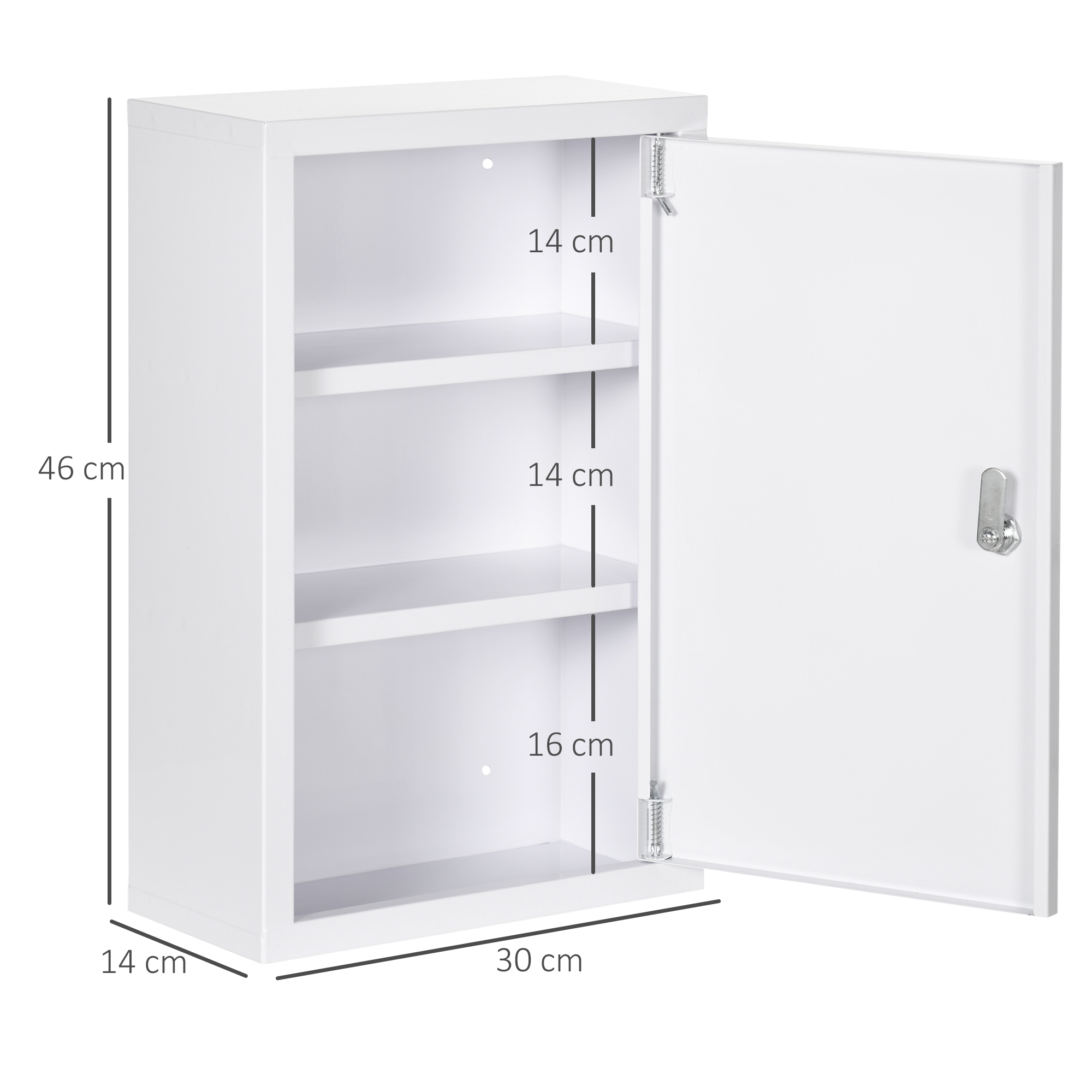 Armario blanco con estantes, puerta abierta mostrando el interior, con dimensiones en cm.