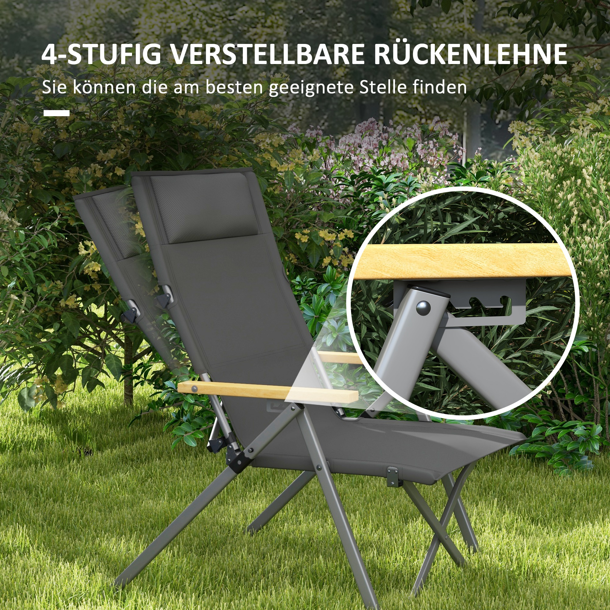 Grauer Outdoor-Stuhl mit Holzarmen und -rahmen, in grüner Gartenumgebung, mit Text.