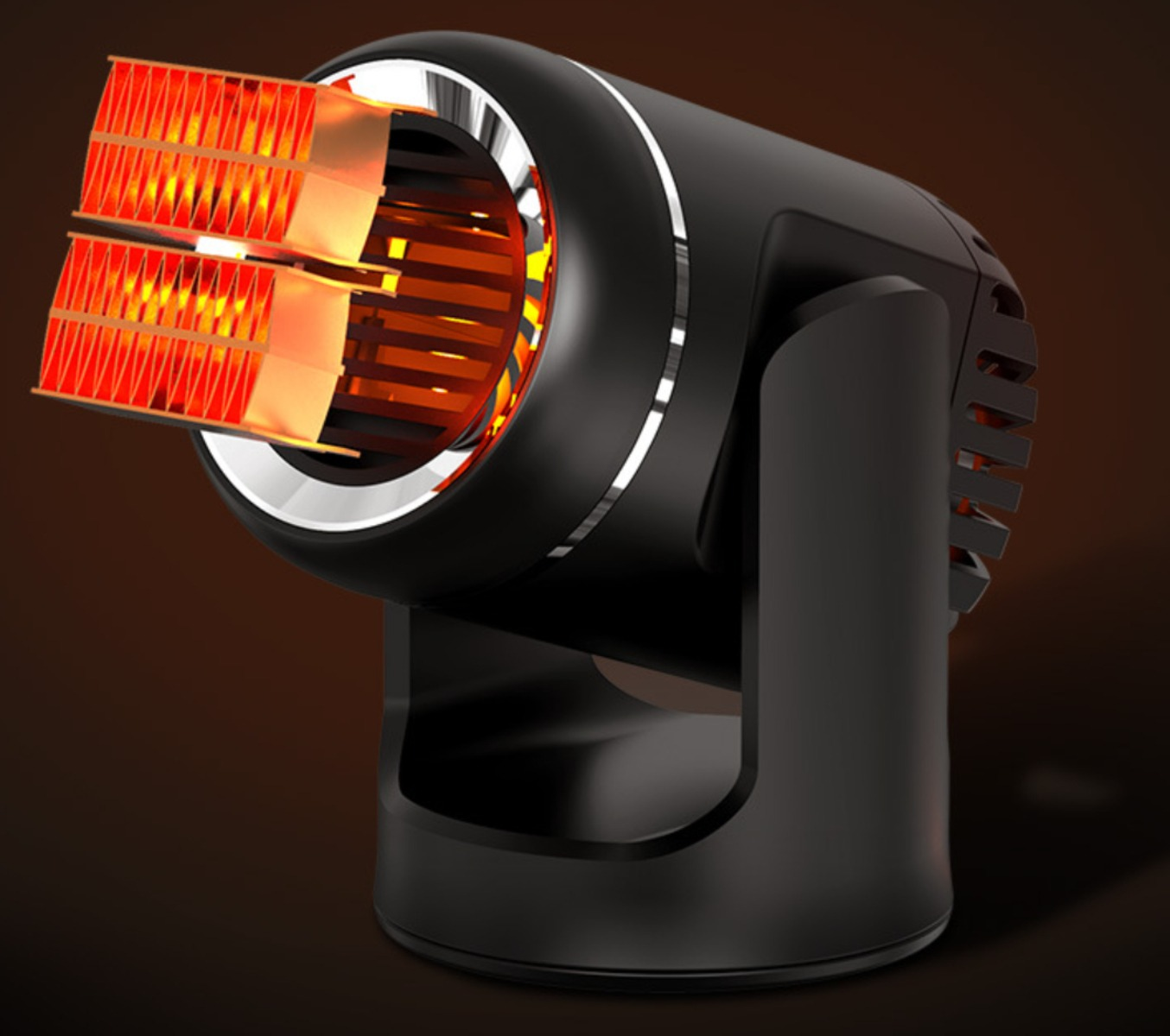 Schwarze Autoheizung mit orangefarbenen Heizelementen. Steht auf einem Ständer und hat eine Chromblende.