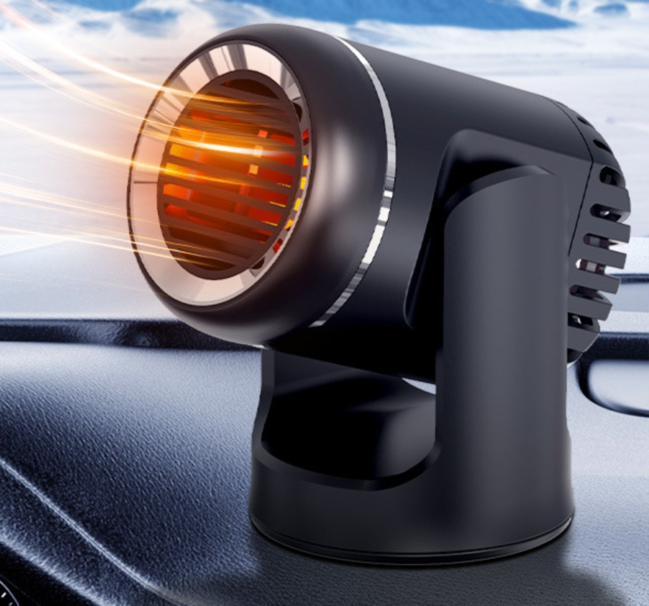 Eine schwarze Autoheizung mit silbernem Ring, die orangefarbenes Licht ausstrahlt. Der Hintergrund zeigt eine verschwommene Schneeszene.