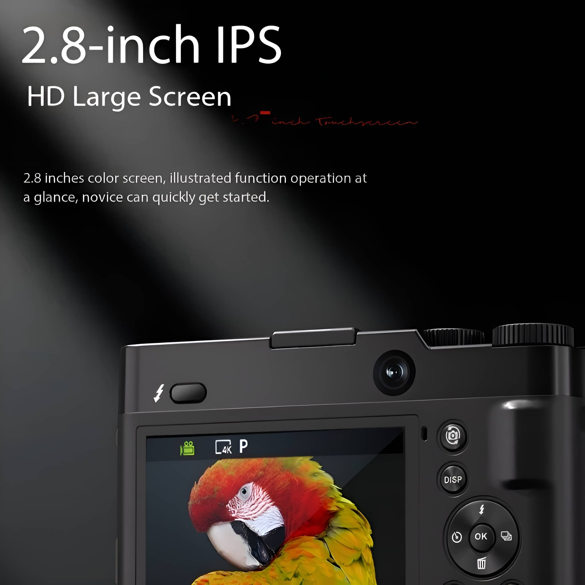 Nahaufnahme einer schwarzen Kamera zeigt einen Papagei auf dem Bildschirm. Text oben: '2,8 Zoll IPS'.