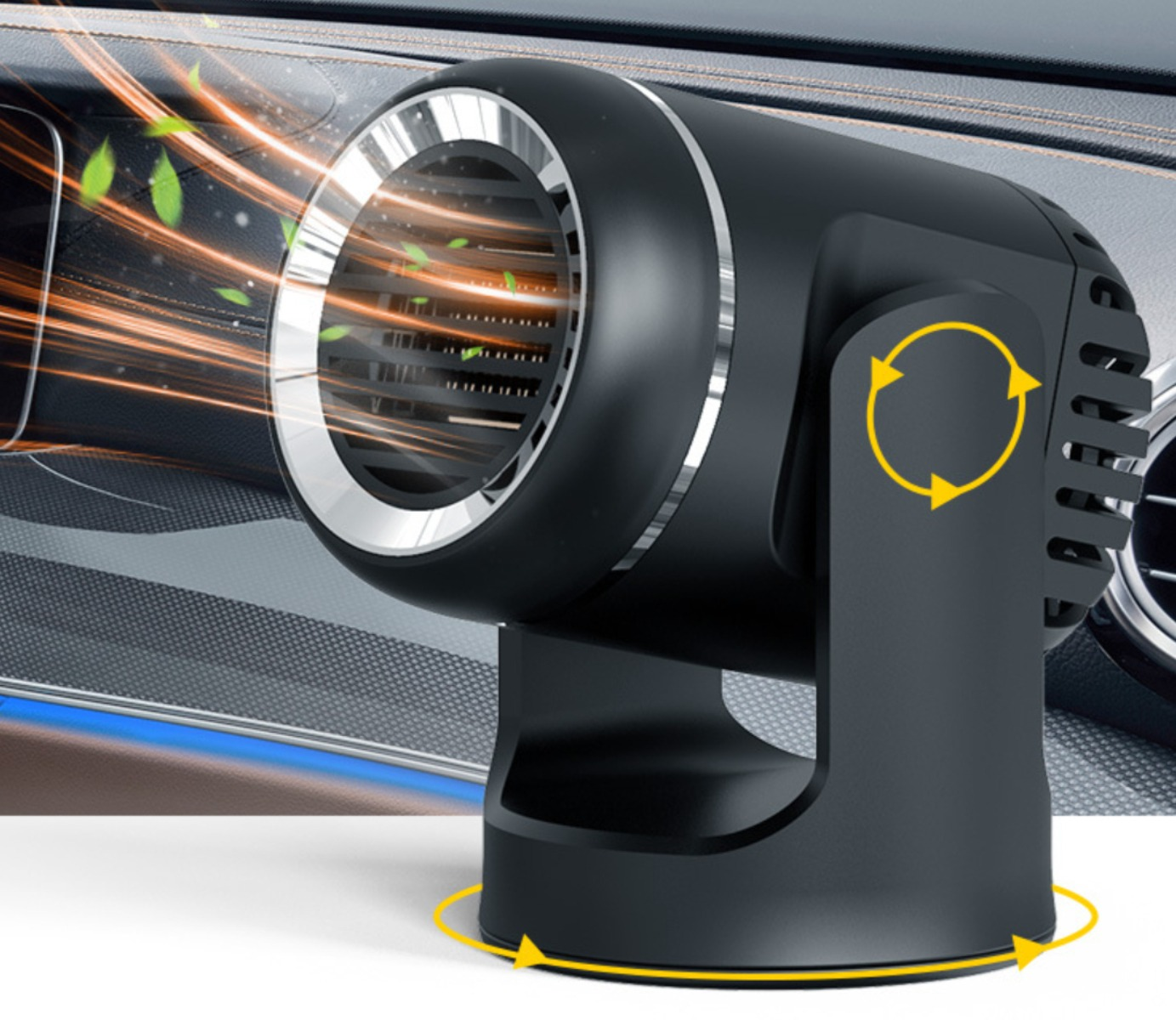 Schwarze Autoheizung mit Rotationsfunktion, mit Luftauslässen und Blättern im Hintergrund.