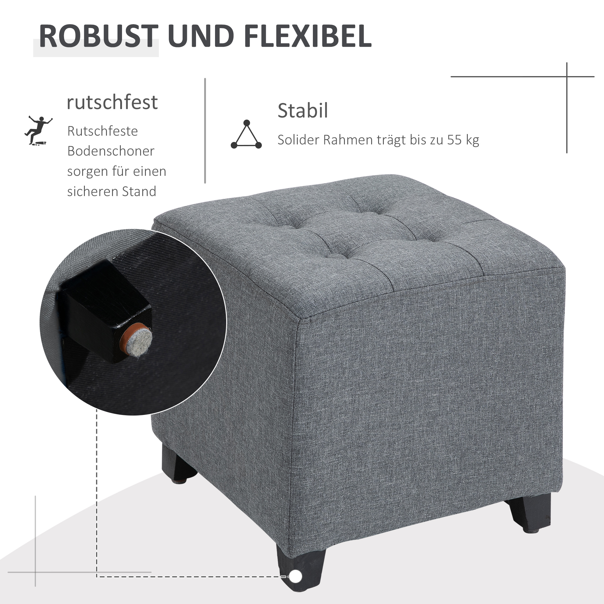 Grauer quadratischer Hocker mit geknöpfter Oberseite und schwarzen Beinen. Text über Stabilität und Rutschfestigkeit.