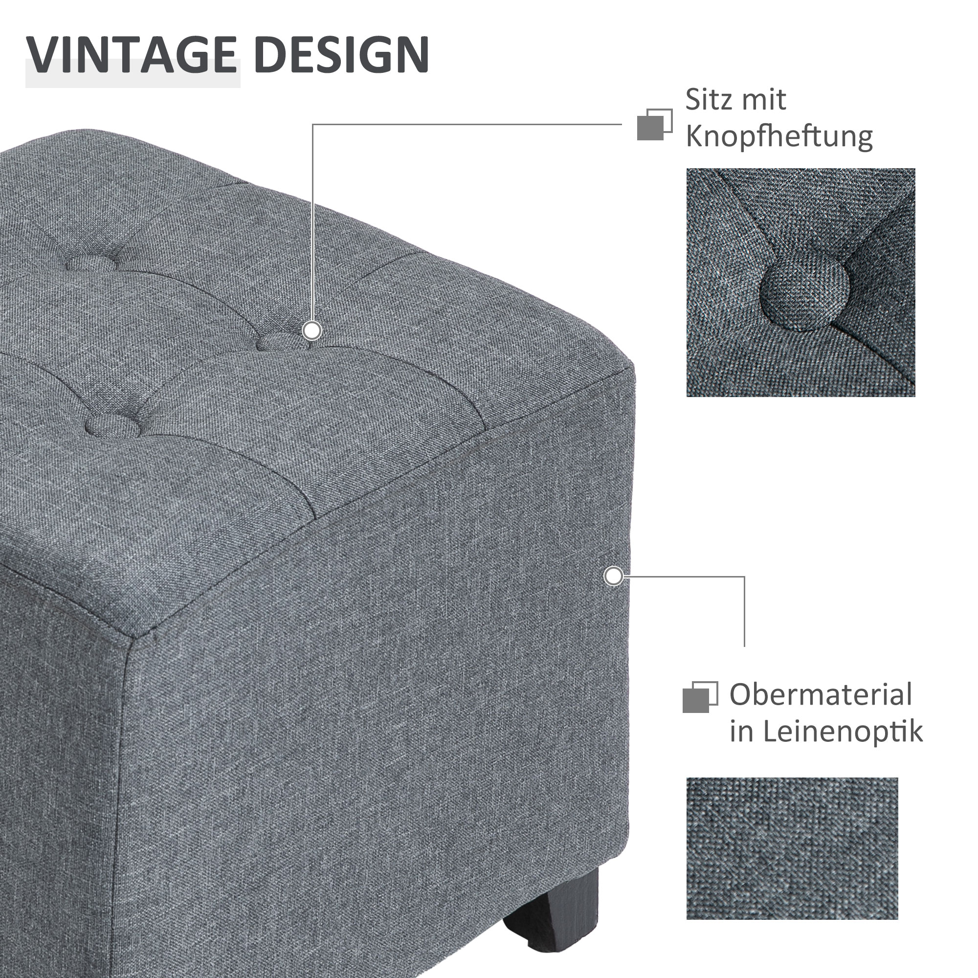 Grauer Stoffhocker mit Knopfdetails. Nahaufnahme zeigt Stoffstruktur.