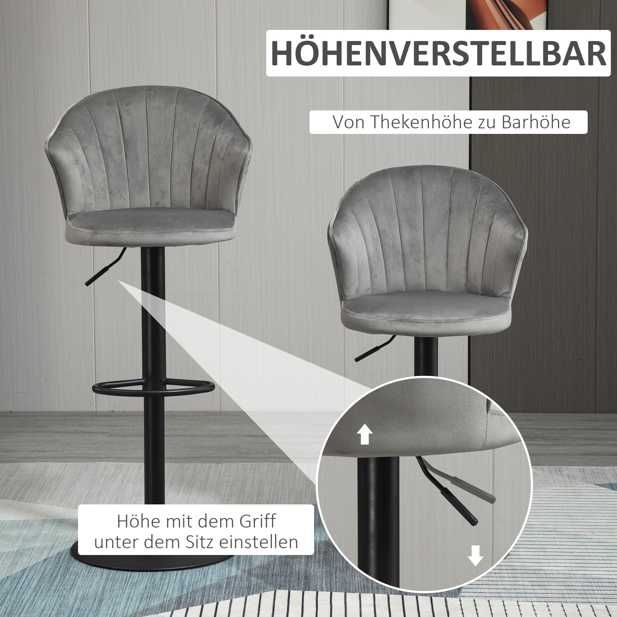 Zwei graue Barhocker mit schwarzen Basen, höhenverstellbar.