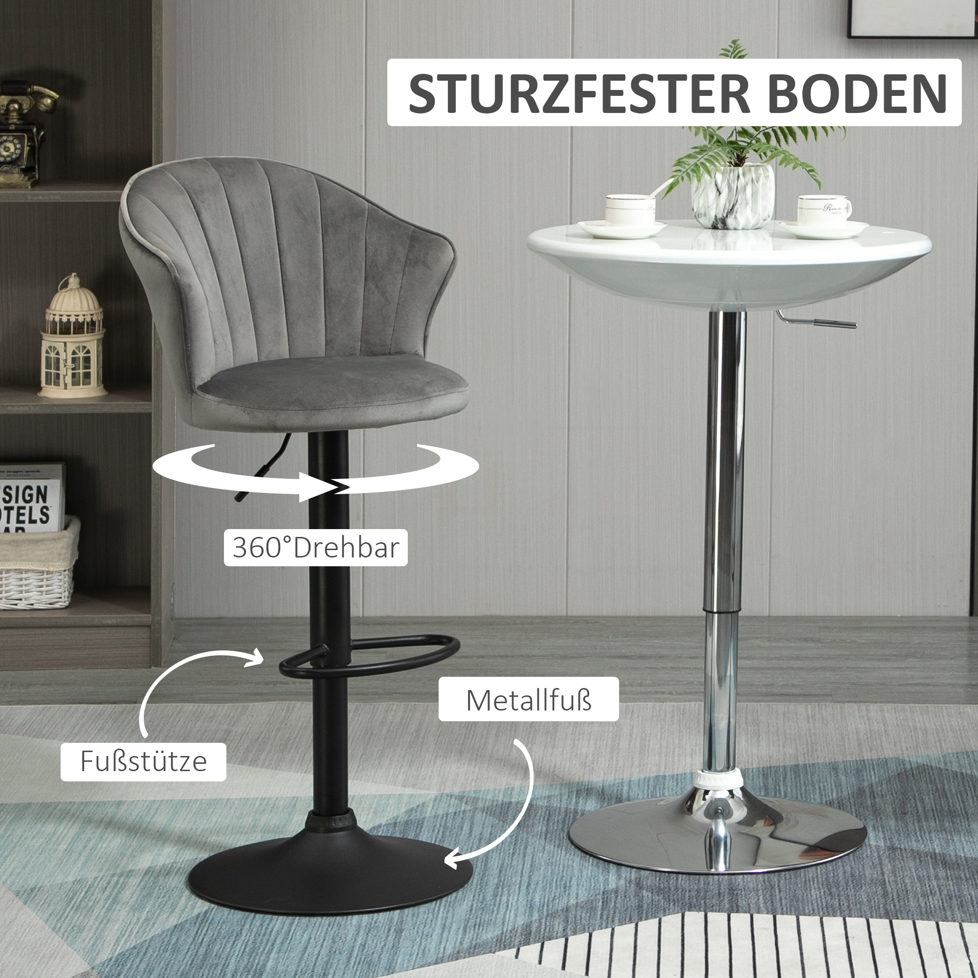 Barhocker mit grauem Sitz und schwarzem Fuß. Ein weißer Tisch und eine kleine Pflanze stehen daneben.