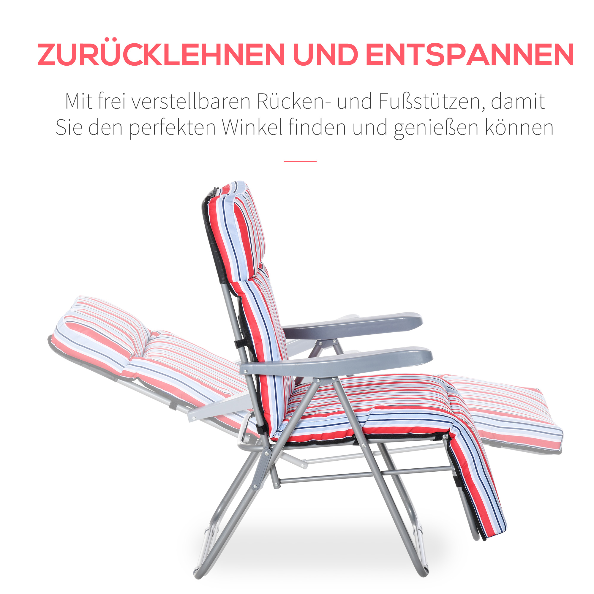 Liegestuhl in rot und weiß gestreift. Text: 'Zurücklehnen und entspannen'. Stuhl ist verstellbar.