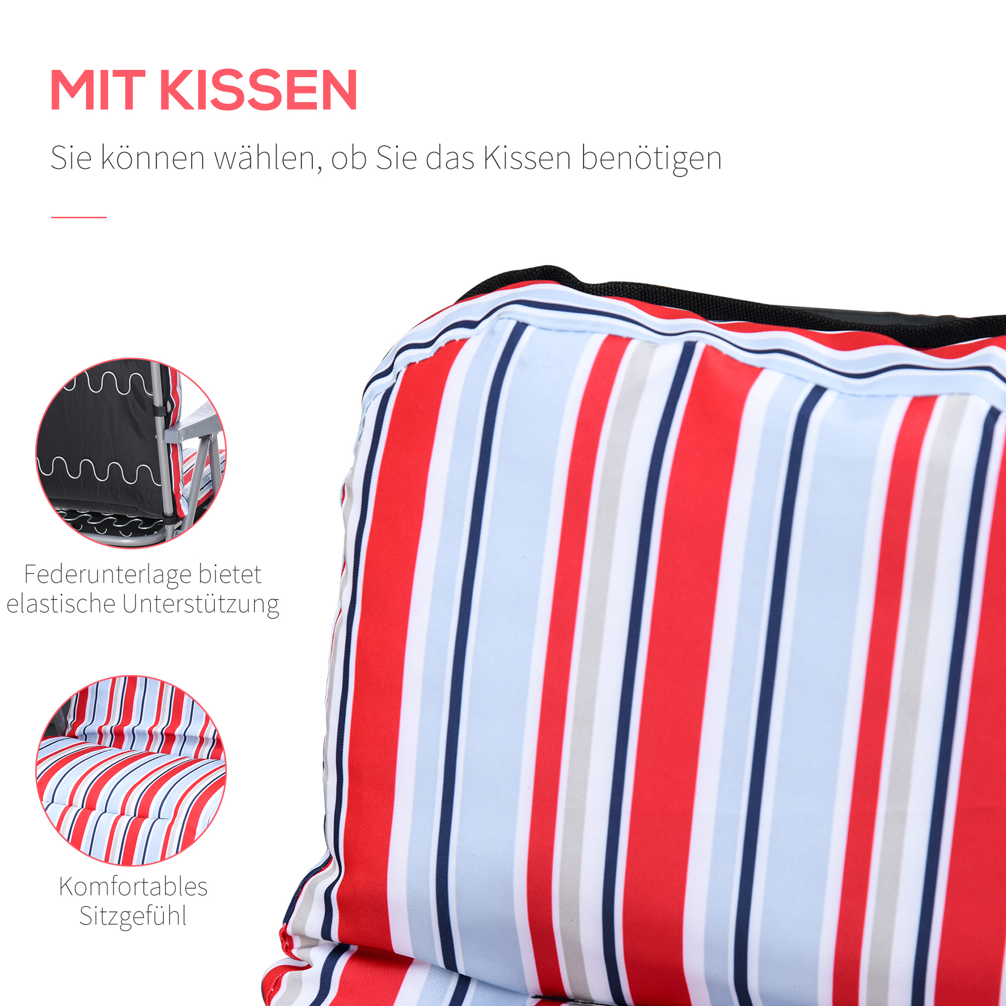 Nahaufnahme eines Kissens mit roten, weißen und blauen Streifen, mit deutschem Text.