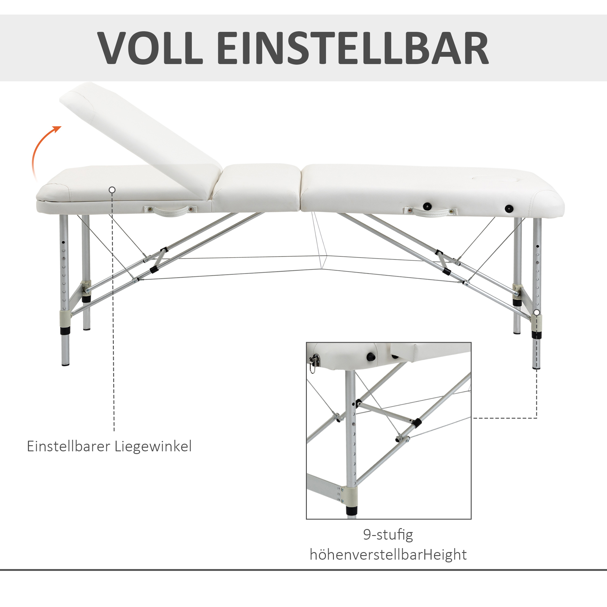 Verstellbare weiße Massageliege mit Kopfstütze und höhenverstellbar.