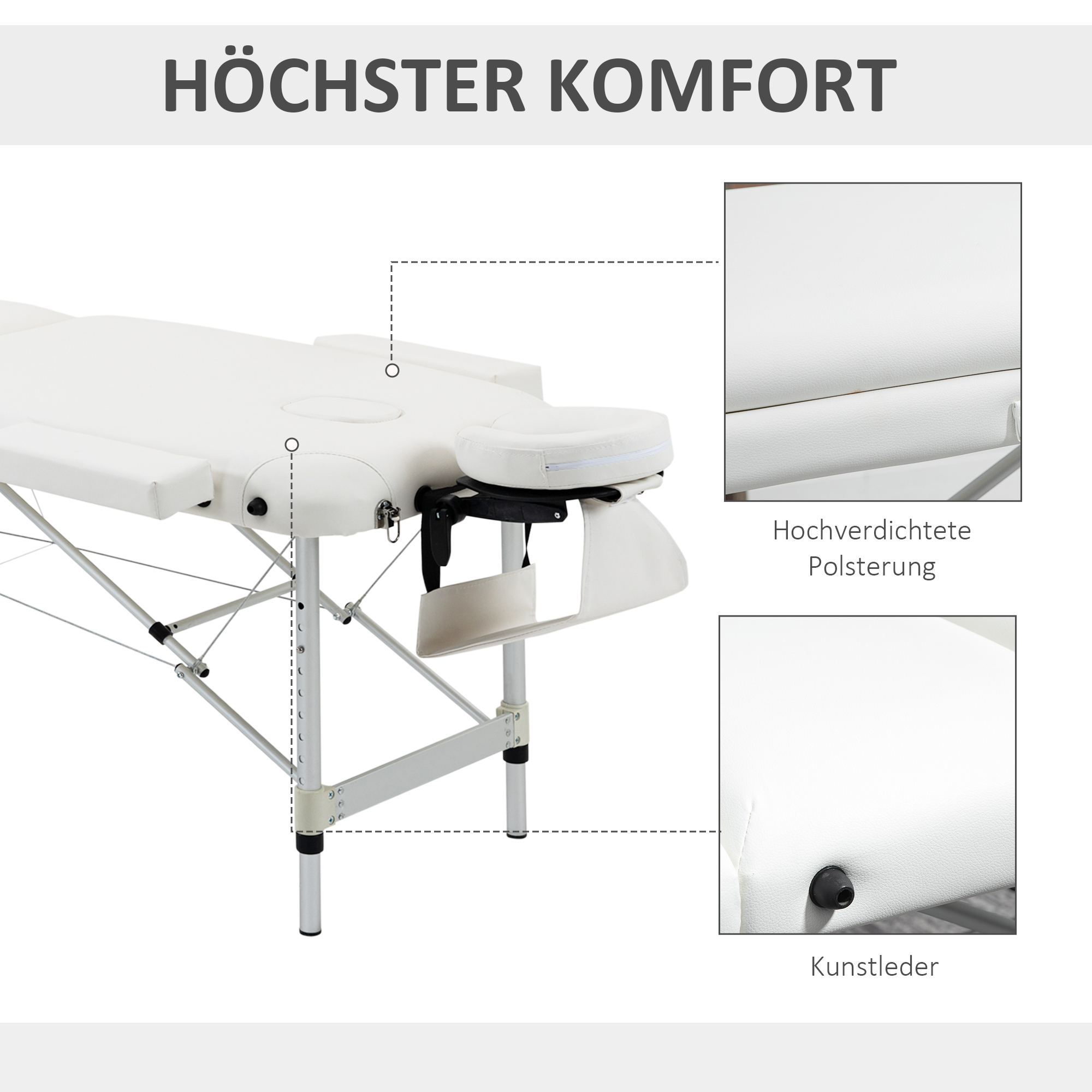 Weißer Massagetisch mit verstellbarer Kopfstütze und hochdichter Polsterung.