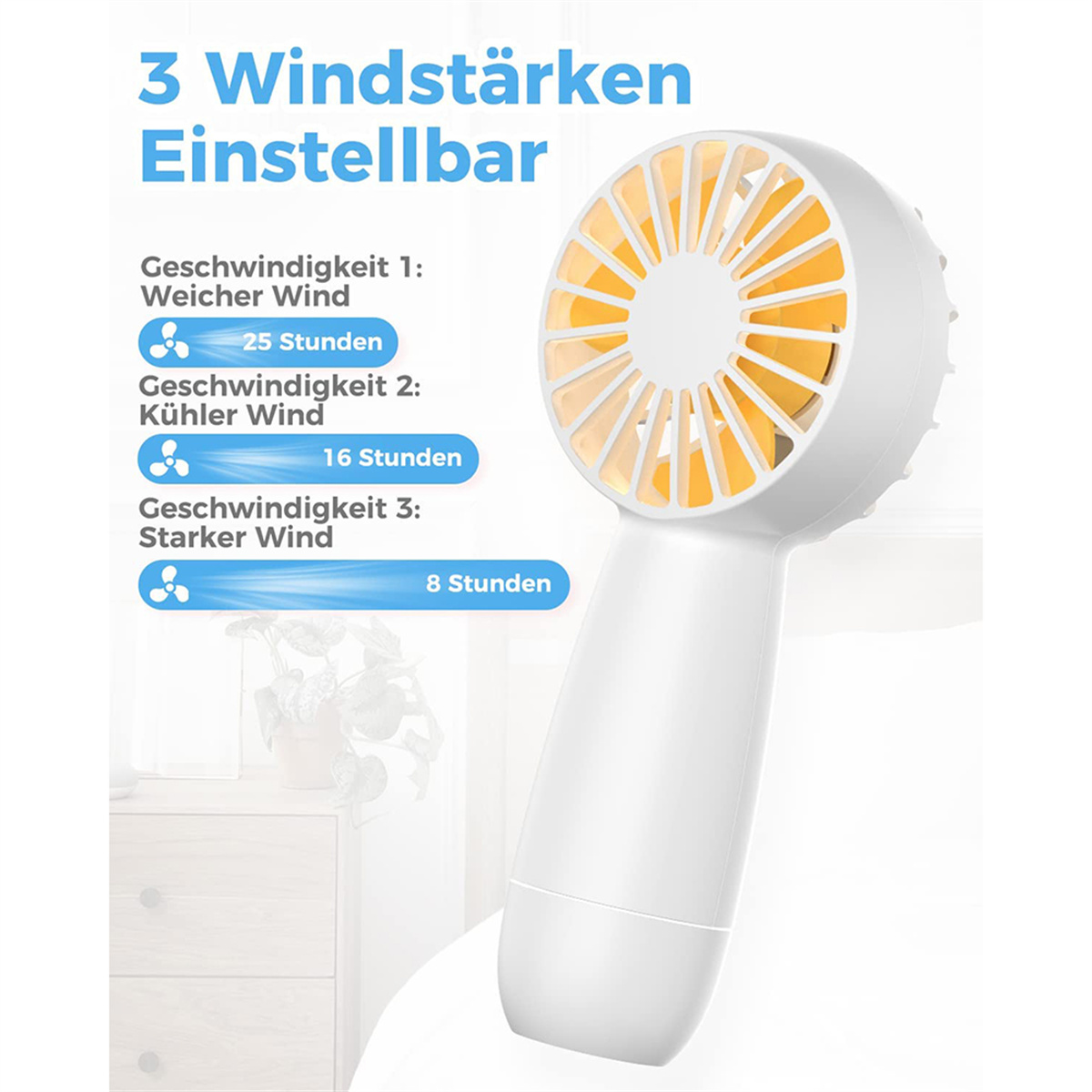 Weißer Handventilator mit gelben Flügeln. Zeigt Geschwindigkeitseinstellungen: sanfter, kühler und starker Wind.