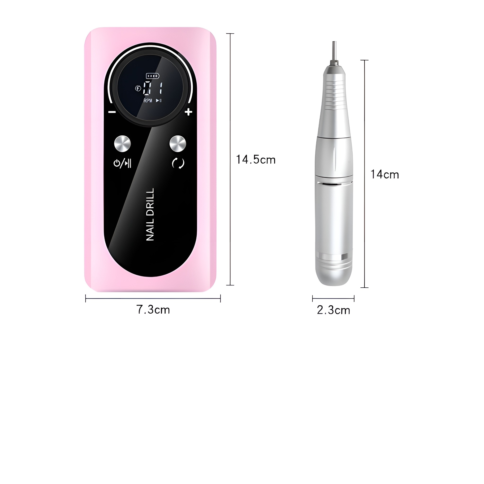 Eine rosa Nagelfräse mit Abmessungen, neben dem Bohrer.
