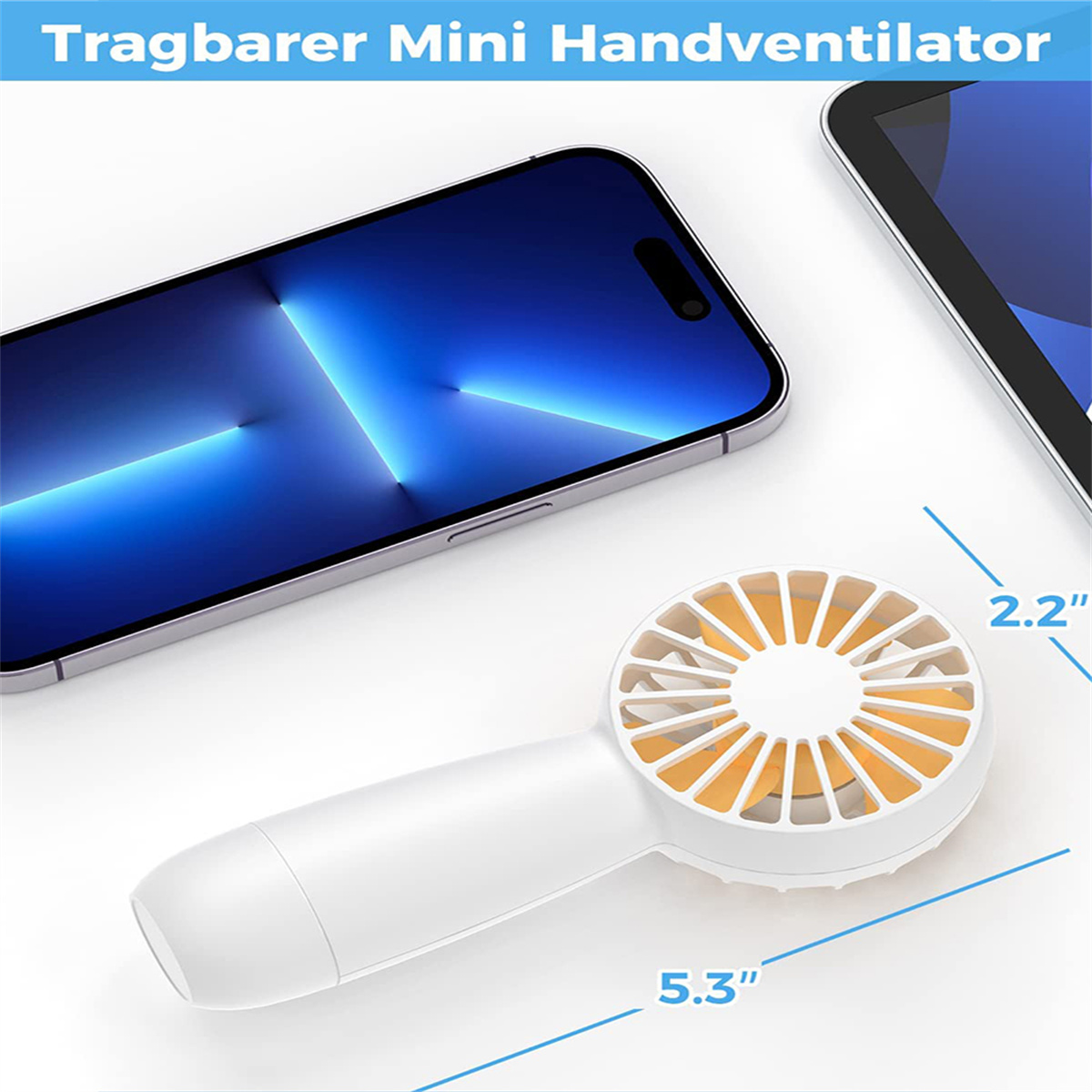 Weißer und orangefarbener tragbarer Ventilator mit angezeigten Abmessungen.