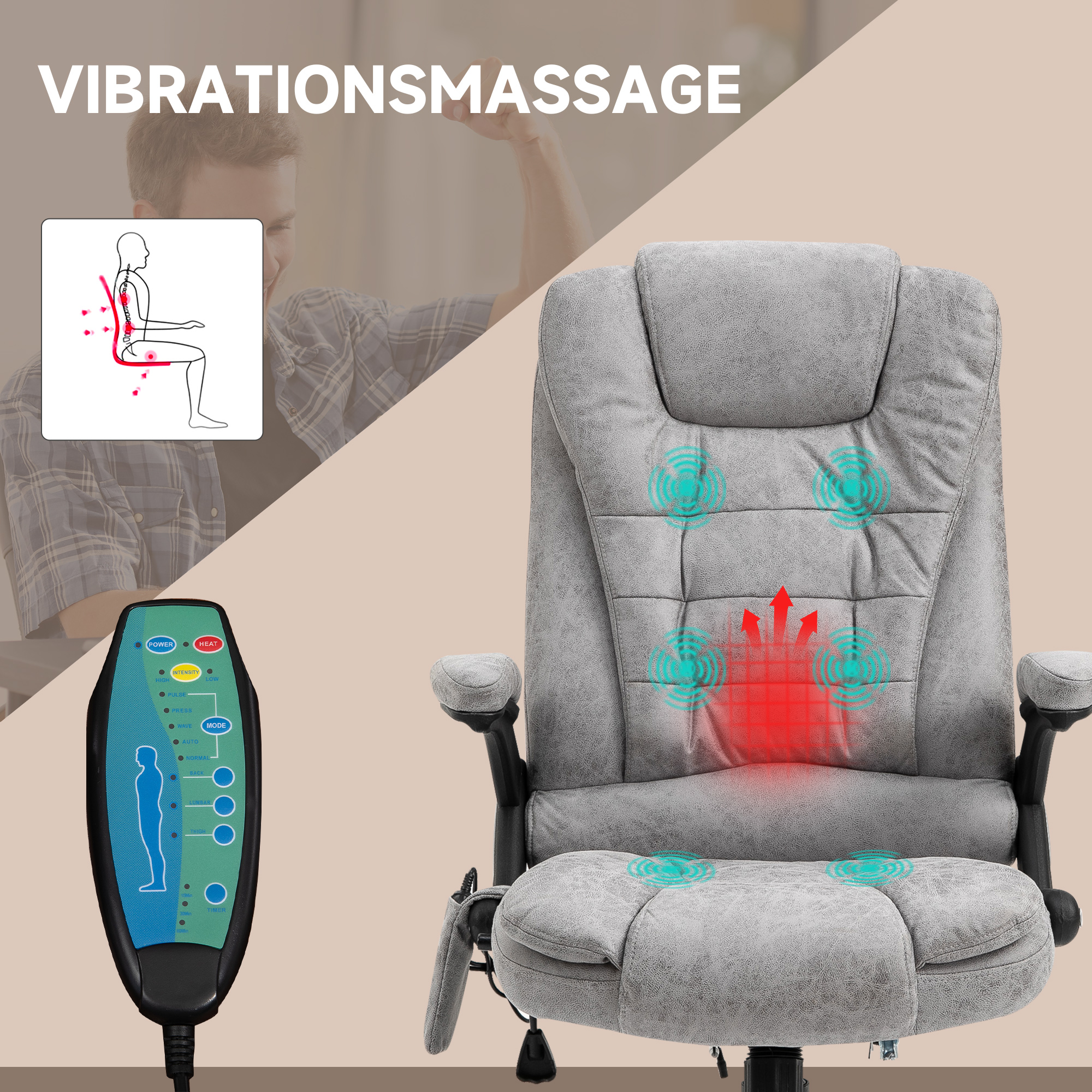 Ein grauer Massagestuhl mit Bedienfeld und Diagramm zur Rückenmassage.