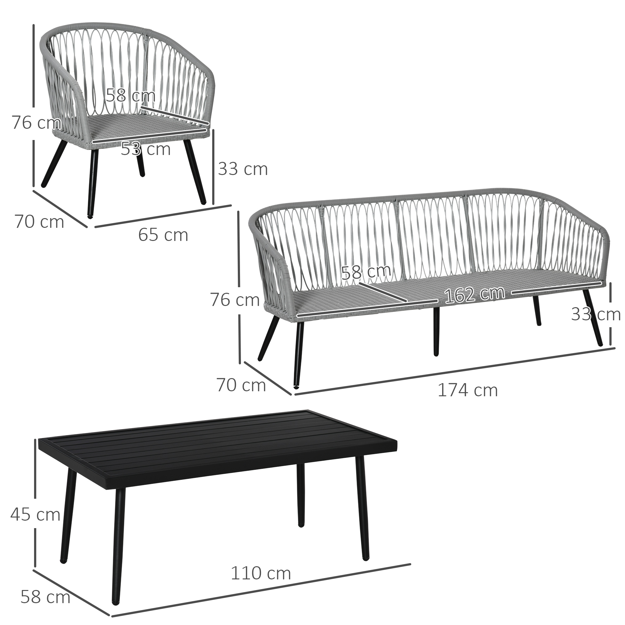 Gartenmöbel-Set, graue Sitzgelegenheiten und schwarzer Tisch, mit Abmessungen.