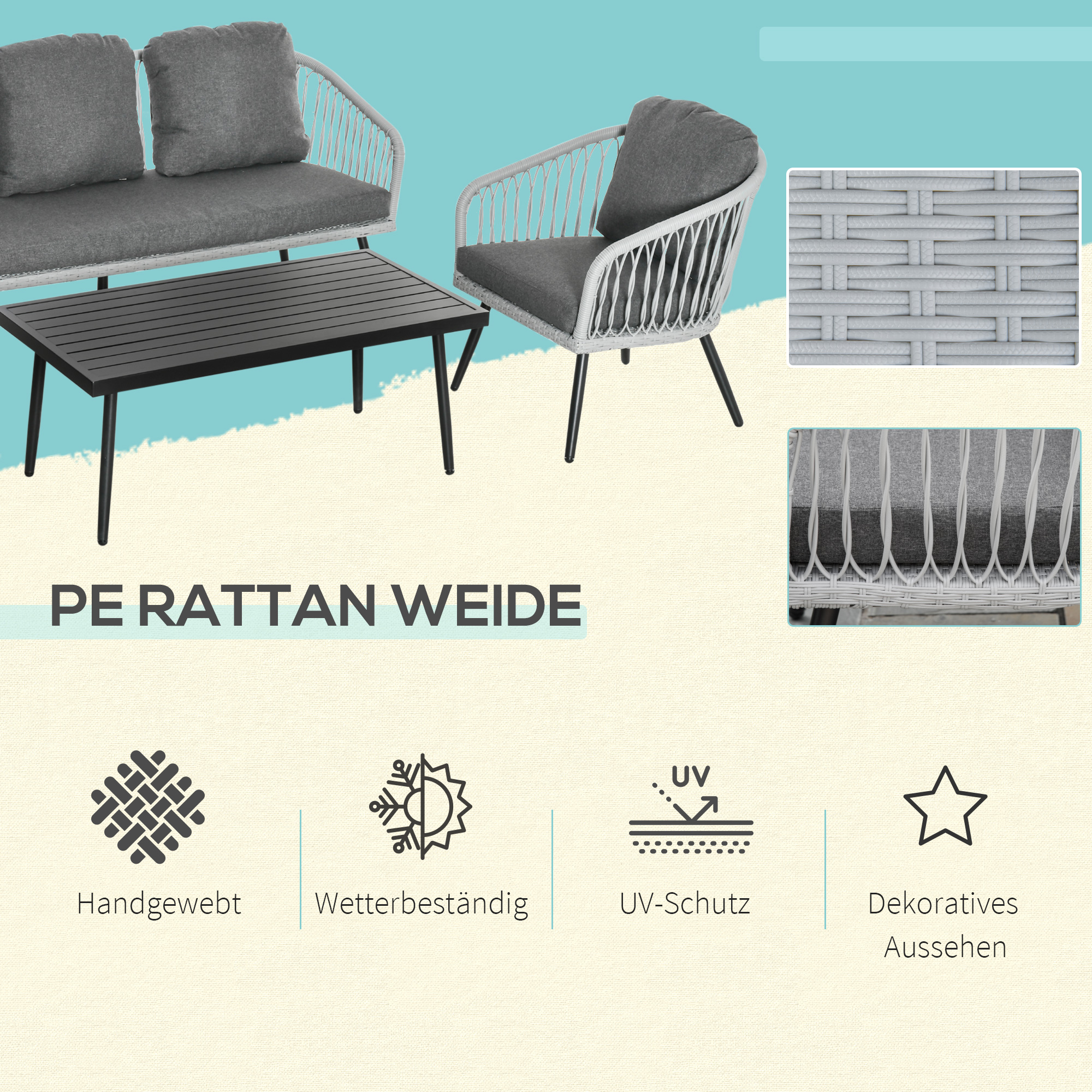 Rattanset für den Außenbereich. Ein Sofa, ein Stuhl und ein Couchtisch sind abgebildet. Nahaufnahmen der Webart.