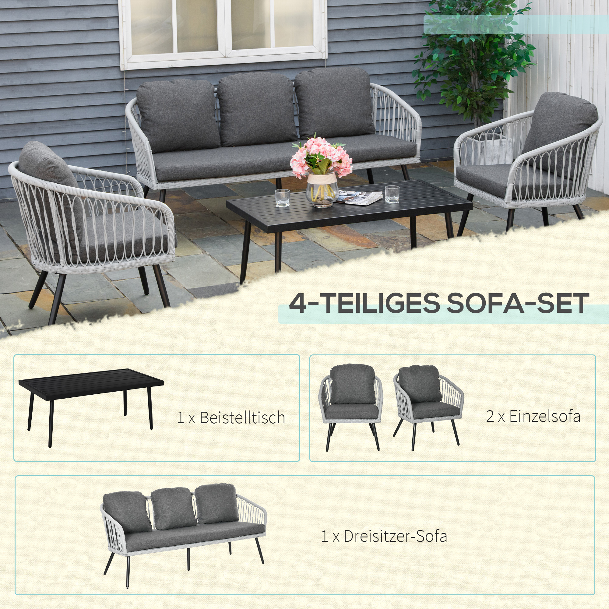Outdoor-Sofagarnitur. Enthält ein Dreisitzer-Sofa, zwei Einzelsofas und einen Couchtisch.