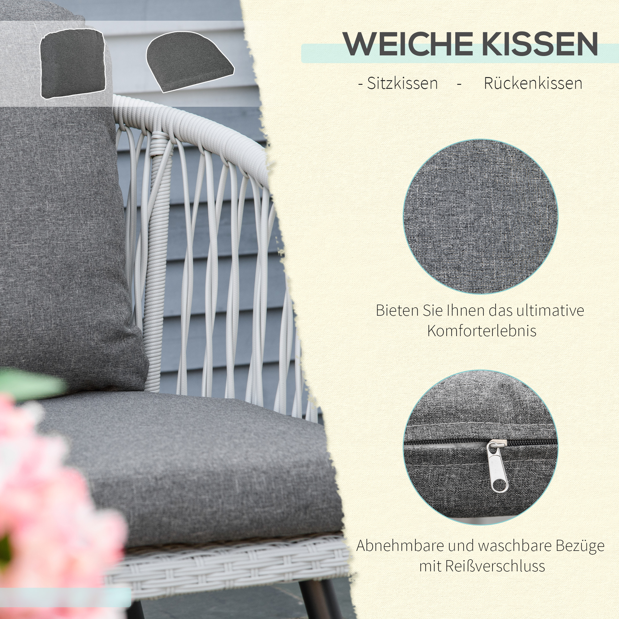 Nahaufnahme eines weißen Korbstuhls mit grauen Kissen. Reißverschlussdetail am Kissen.