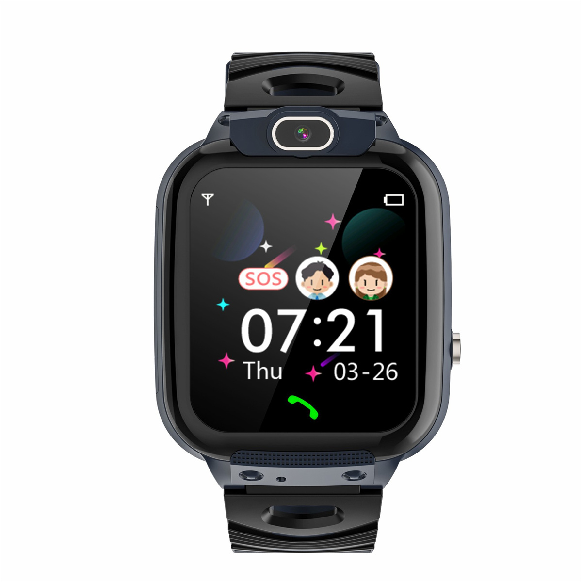 Smartwatch mit schwarzem Bildschirm, der die Uhrzeit und zwei Cartoon-Figuren anzeigt.