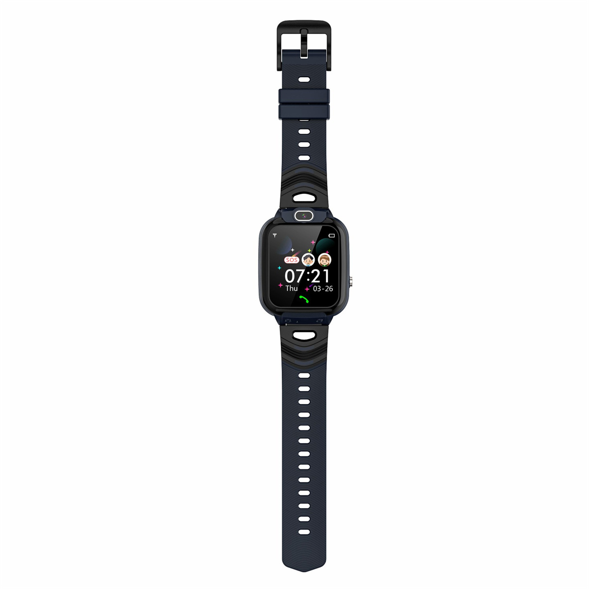 Smartwatch mit dunkelblauem Armband, schwarzem Zifferblatt mit Uhrzeit. Digitalanzeige zeigt die Uhrzeit.