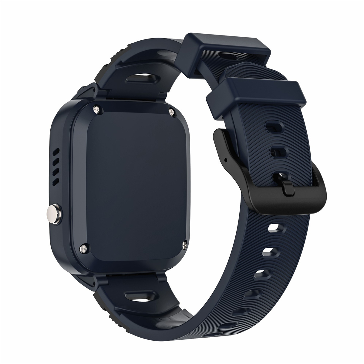 Dunkelblaue Smartwatch mit schwarzem Armband, von hinten gesehen, auf weißem Hintergrund.
