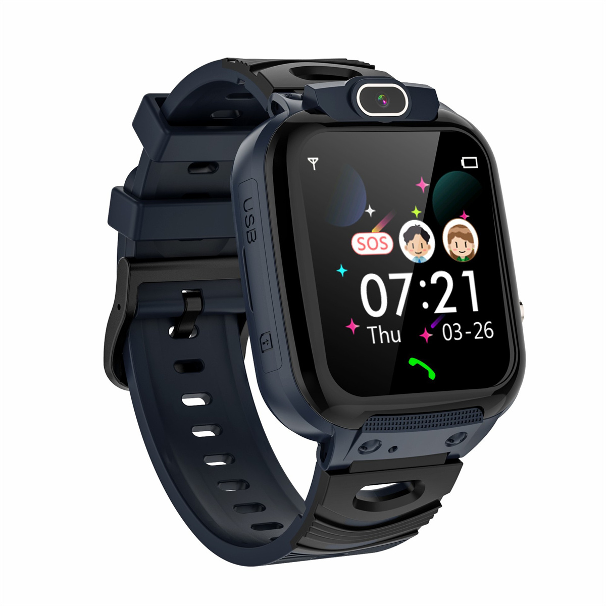 Eine schwarze Smartwatch mit Kamera. Der Bildschirm zeigt die Uhrzeit und ein SOS-Symbol. Sie hat ein schwarzes Armband.