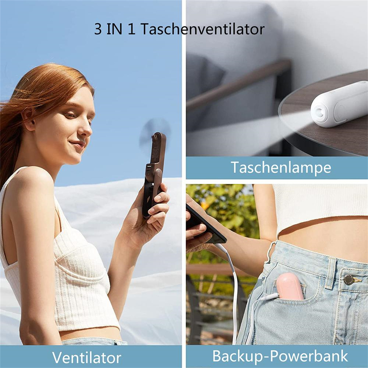 Eine Frau, die einen 3-in-1-Taschenventilator benutzt, der auch eine Taschenlampe und eine Powerbank ist.