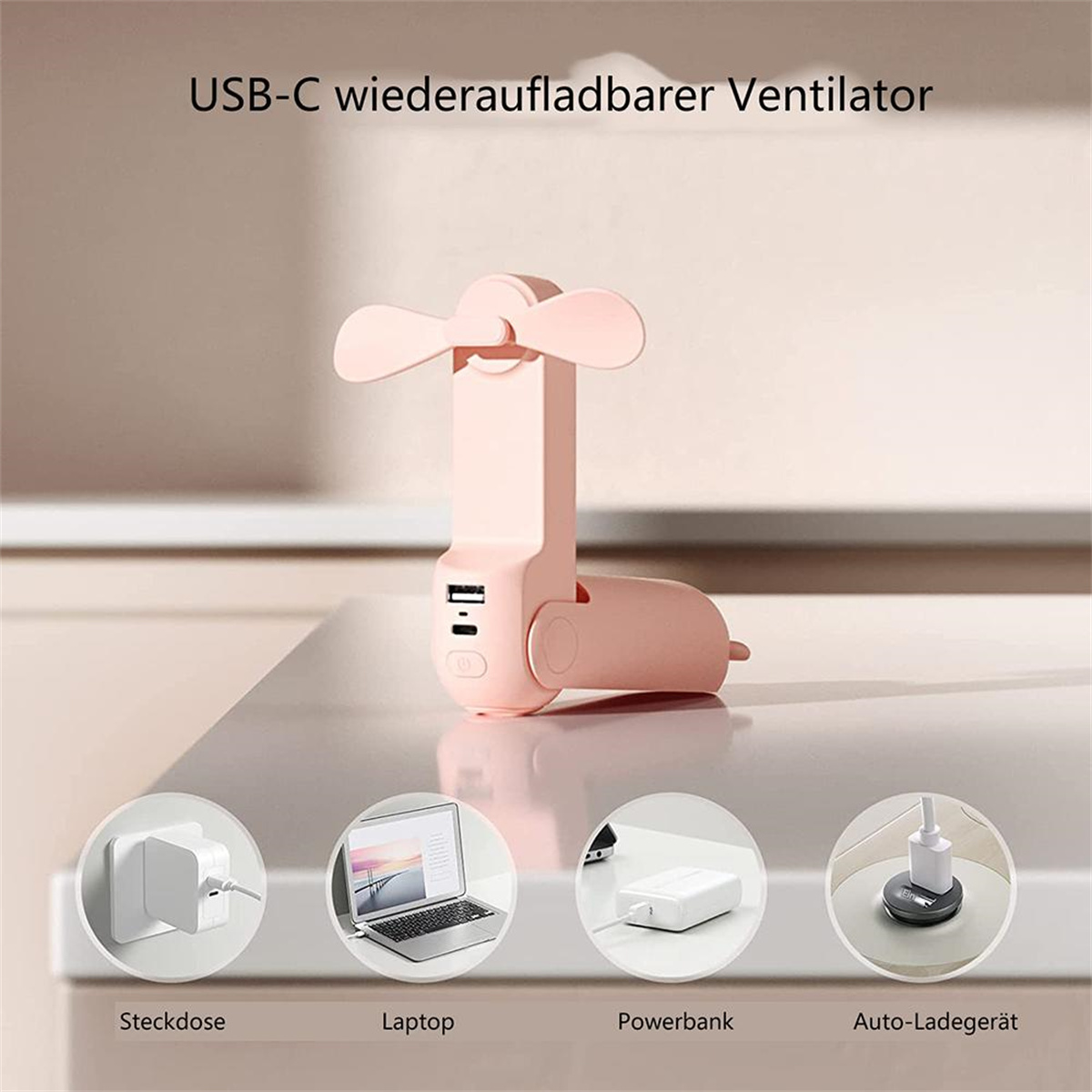 Rosa USB-C-Ventilator mit Ladeoptionen: Steckdose, Laptop, Powerbank und Ladegerät.