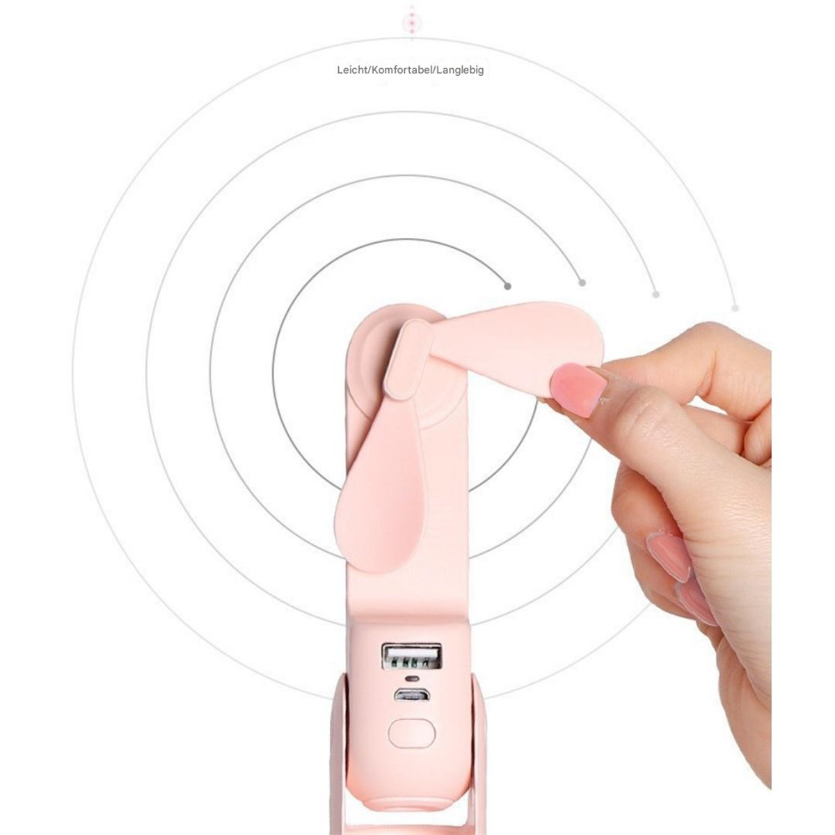 Rosa Handventilator mit USB-Anschluss, gehalten von einer Hand, mit hellrosa Hintergrund.