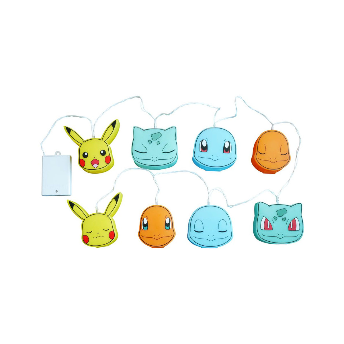 Guirlande lumineuse avec des visages de personnages Pokémon. Un bloc-piles est attaché.