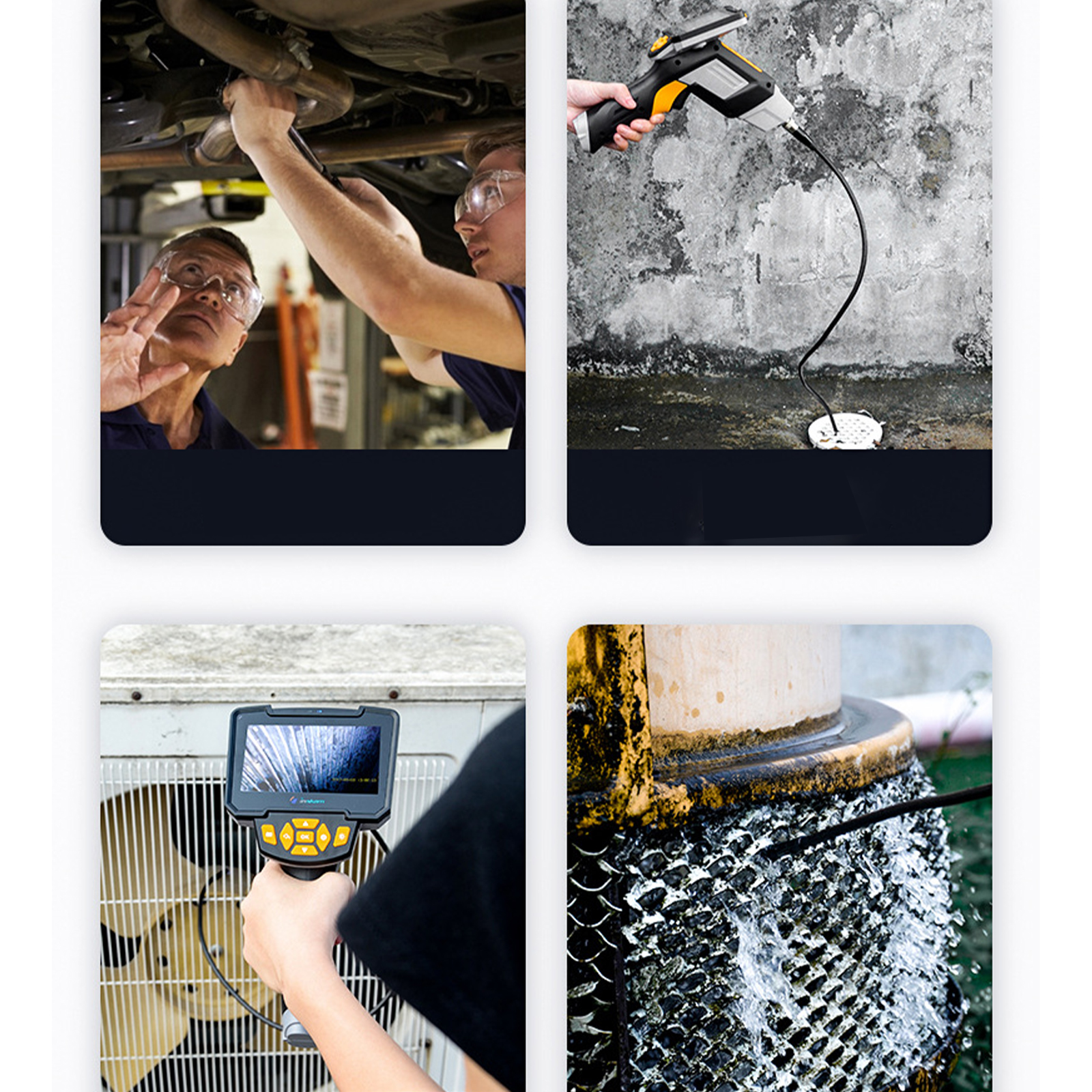 Vier Bilder zeigen Inspektion mit Werkzeugen. Männer arbeiten. Werkzeuge inkl. Kamera.