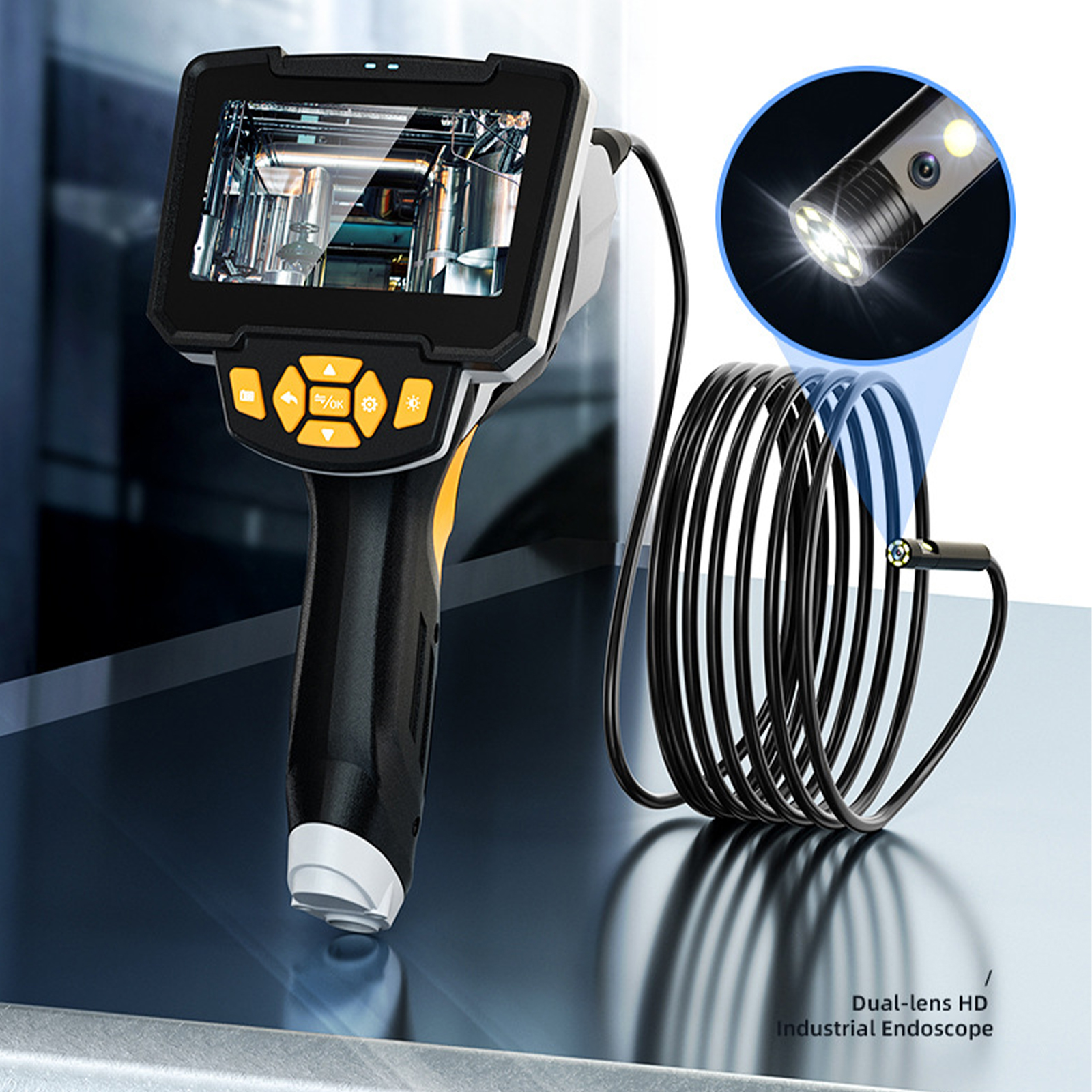 Industrie-Endoskop mit Bildschirm und flexiblem schwarzen Schlauch mit Licht.