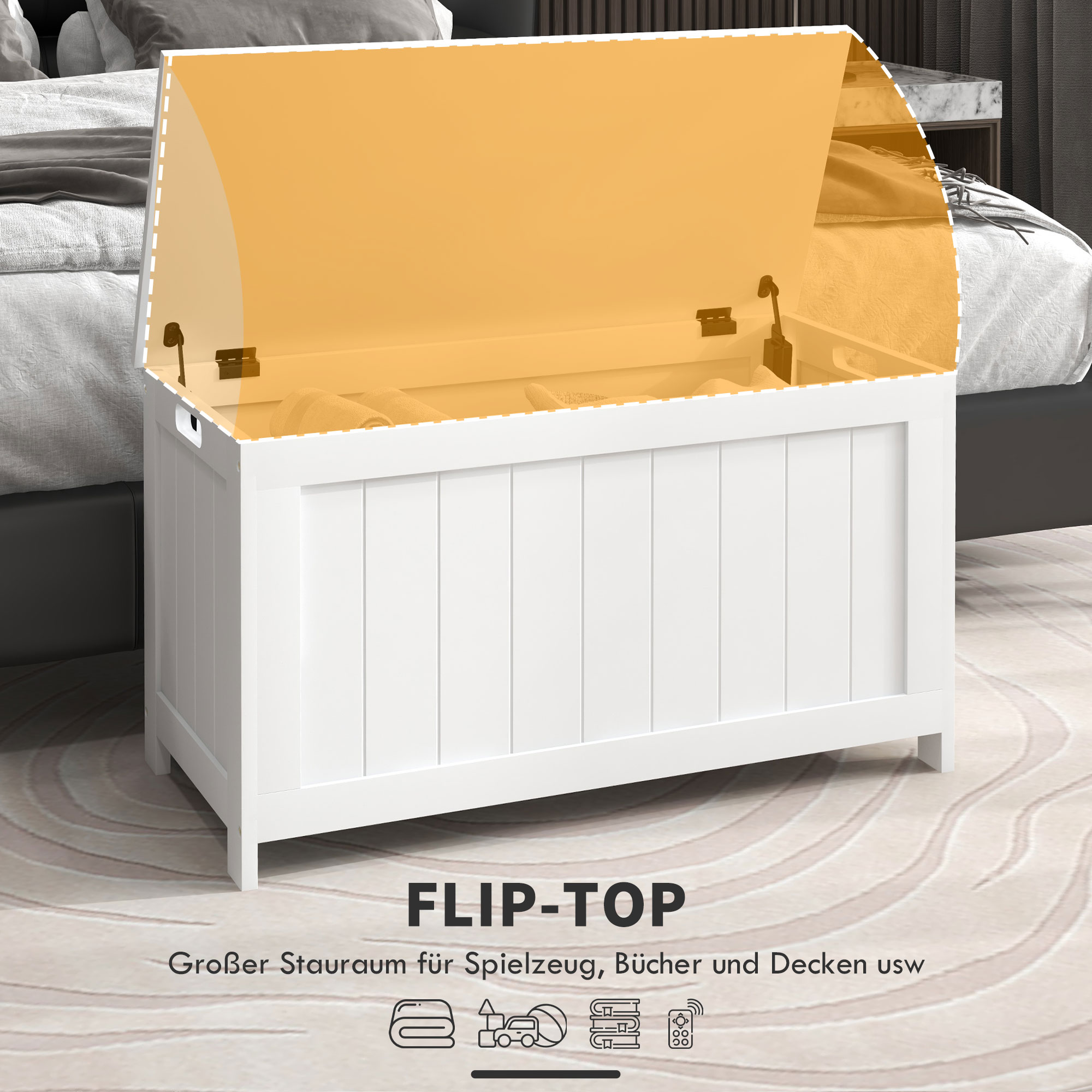 Weiße Holz-Truhe, offener Deckel mit dem Text "FLIP-TOP". Der Innenraum ist sichtbar.