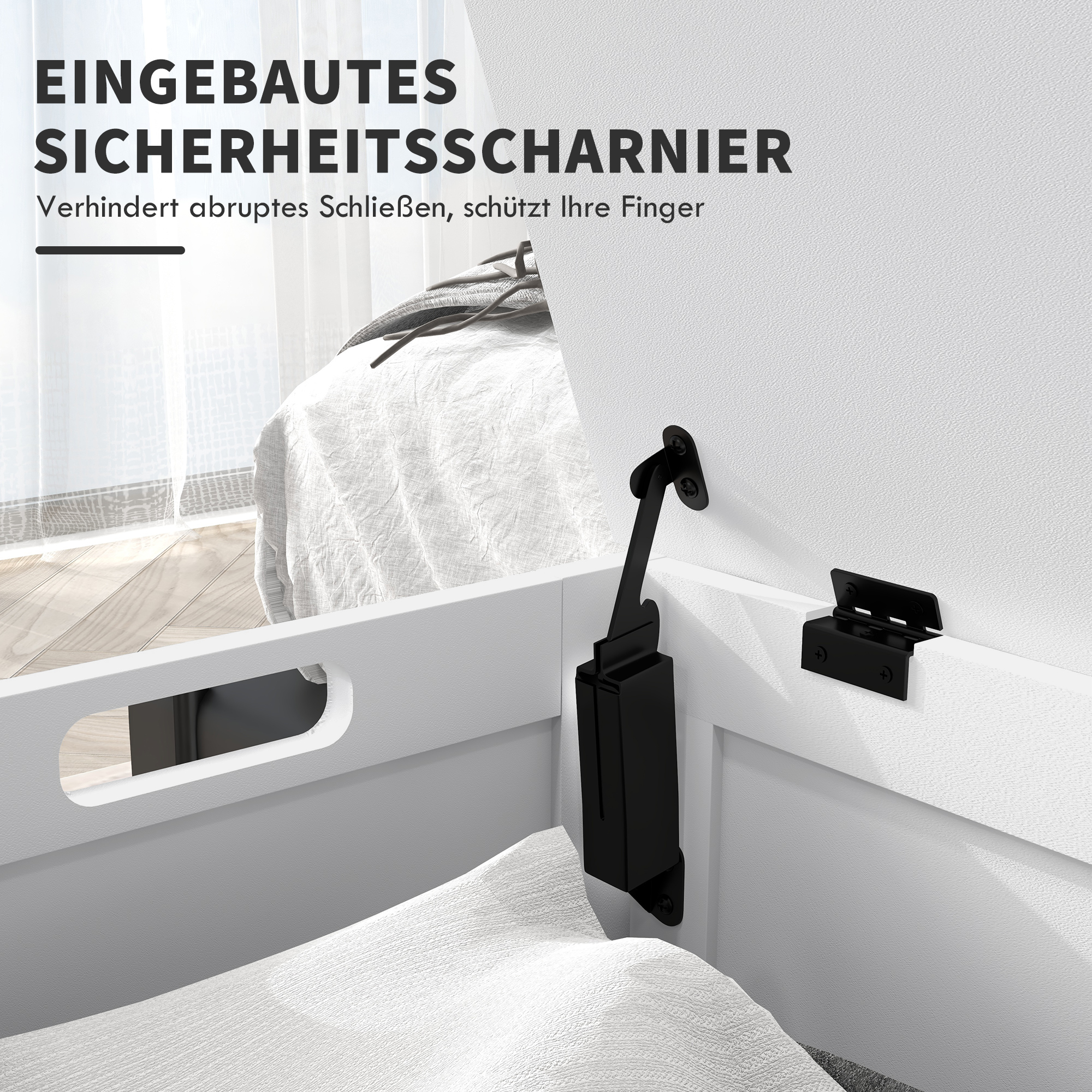 Nahaufnahme des Scharniermechanismus einer weißen Aufbewahrungsbox mit Sicherheitshinweisen.