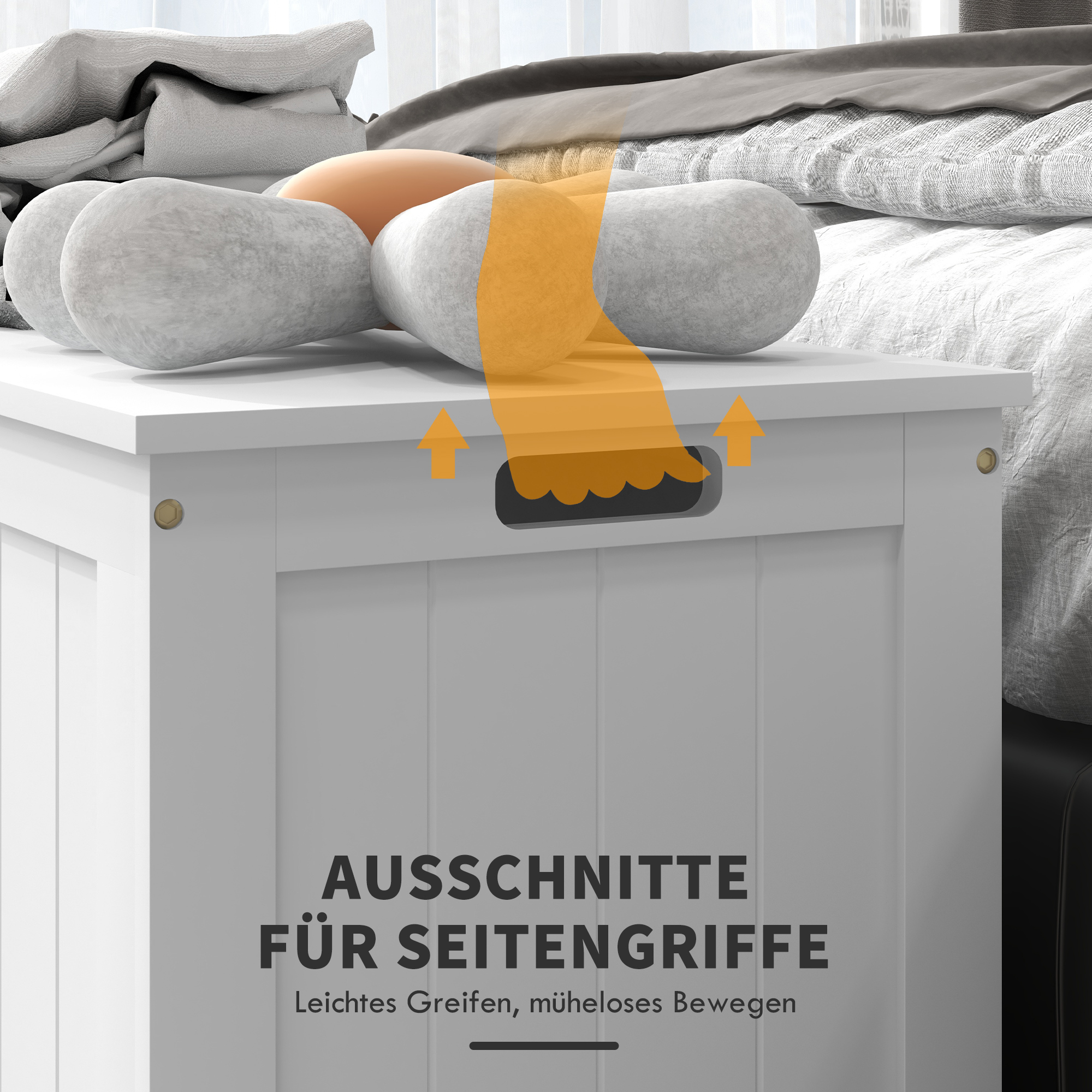 Weißer Aufbewahrungsschrank mit Ausschnitten für Seitengriffe.