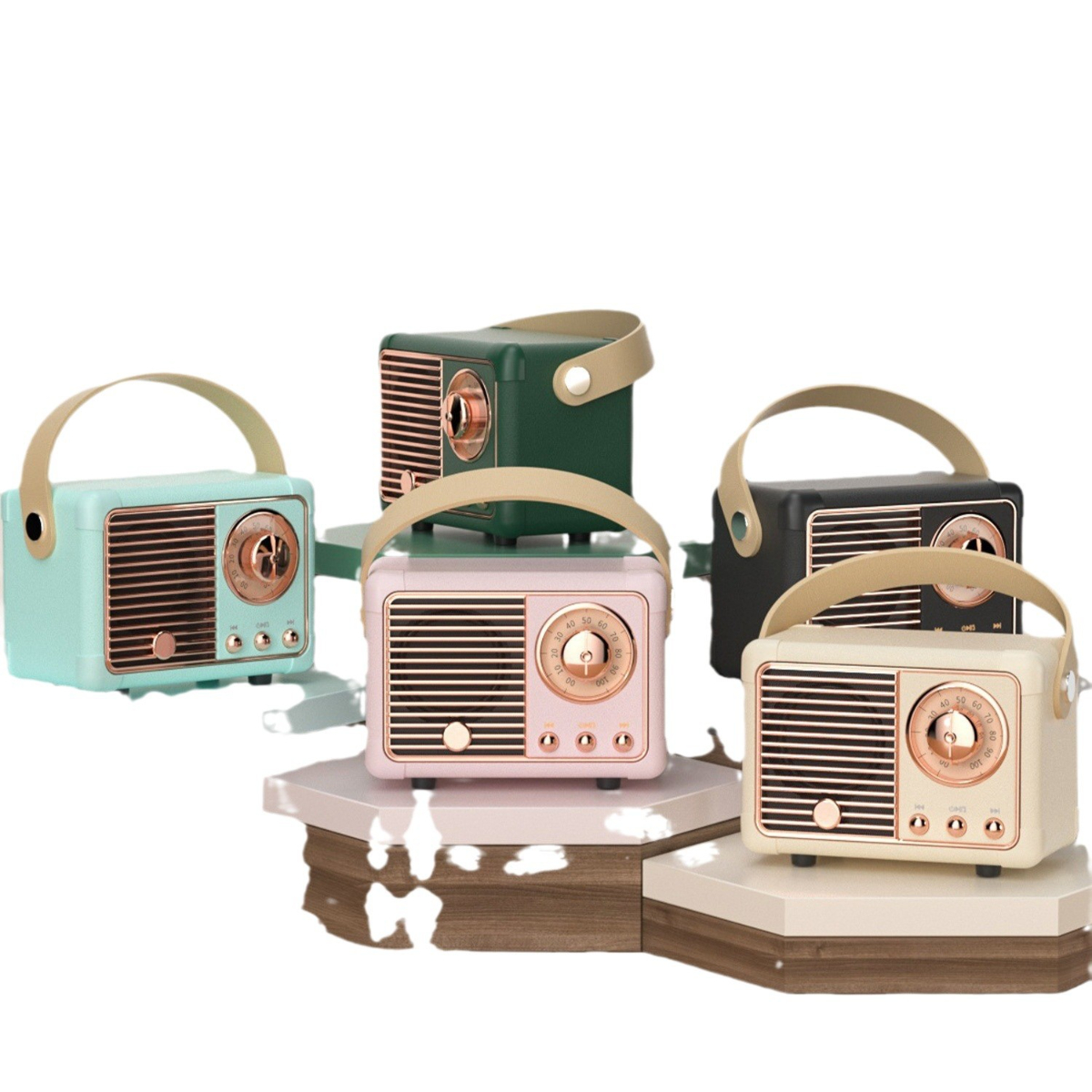 Fünf Vintage-Radios in verschiedenen Farben: Mint, Pink, Grün, Schwarz und Creme, mit Griffen.