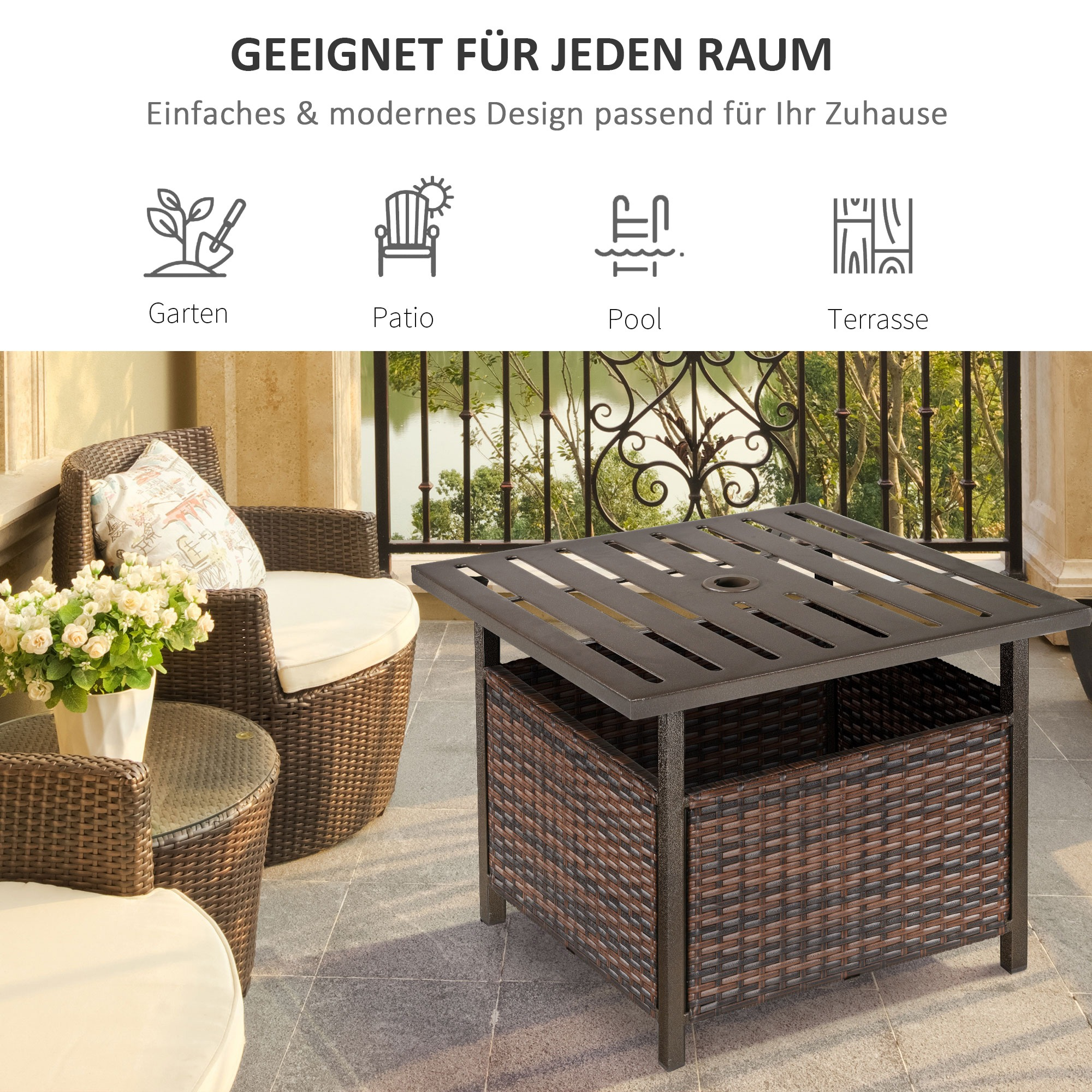Korbtisch mit Stauraum. Umgeben von Stühlen. Text: Geeignet für jeden Raum.
