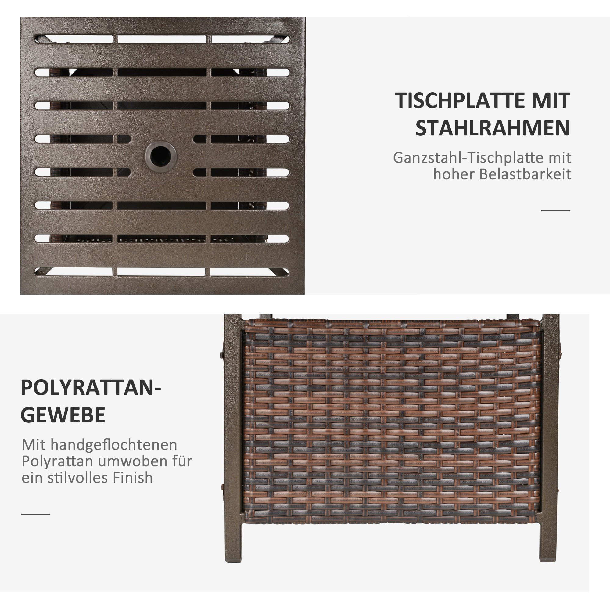Nahaufnahme eines Tisches mit braunem Stahlrahmen und brauner Rattan-Weboberfläche, mit Text.