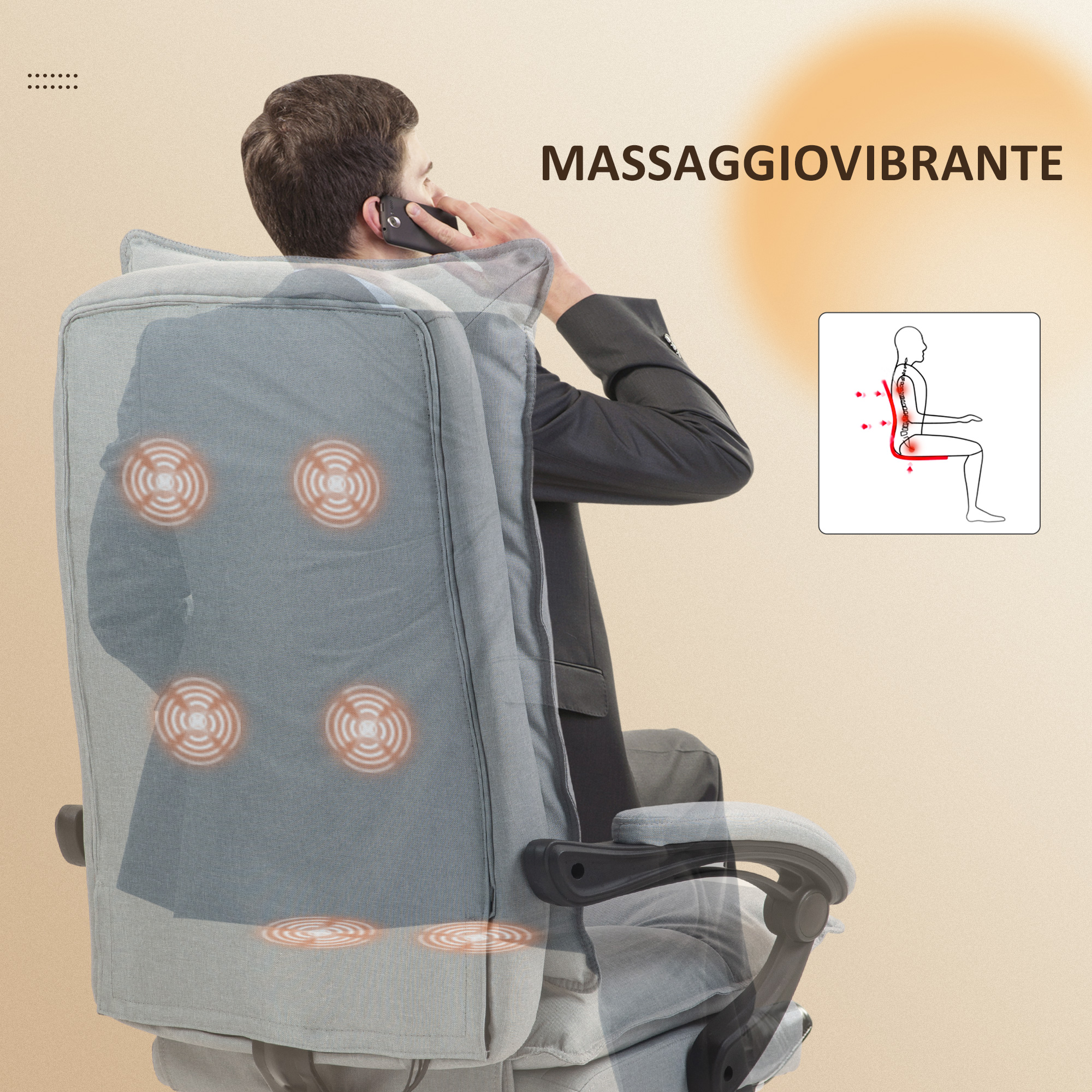 Eine Person auf einem grauen Massagestuhl mit einem Telefon am Ohr. Rechts ist ein Diagramm.