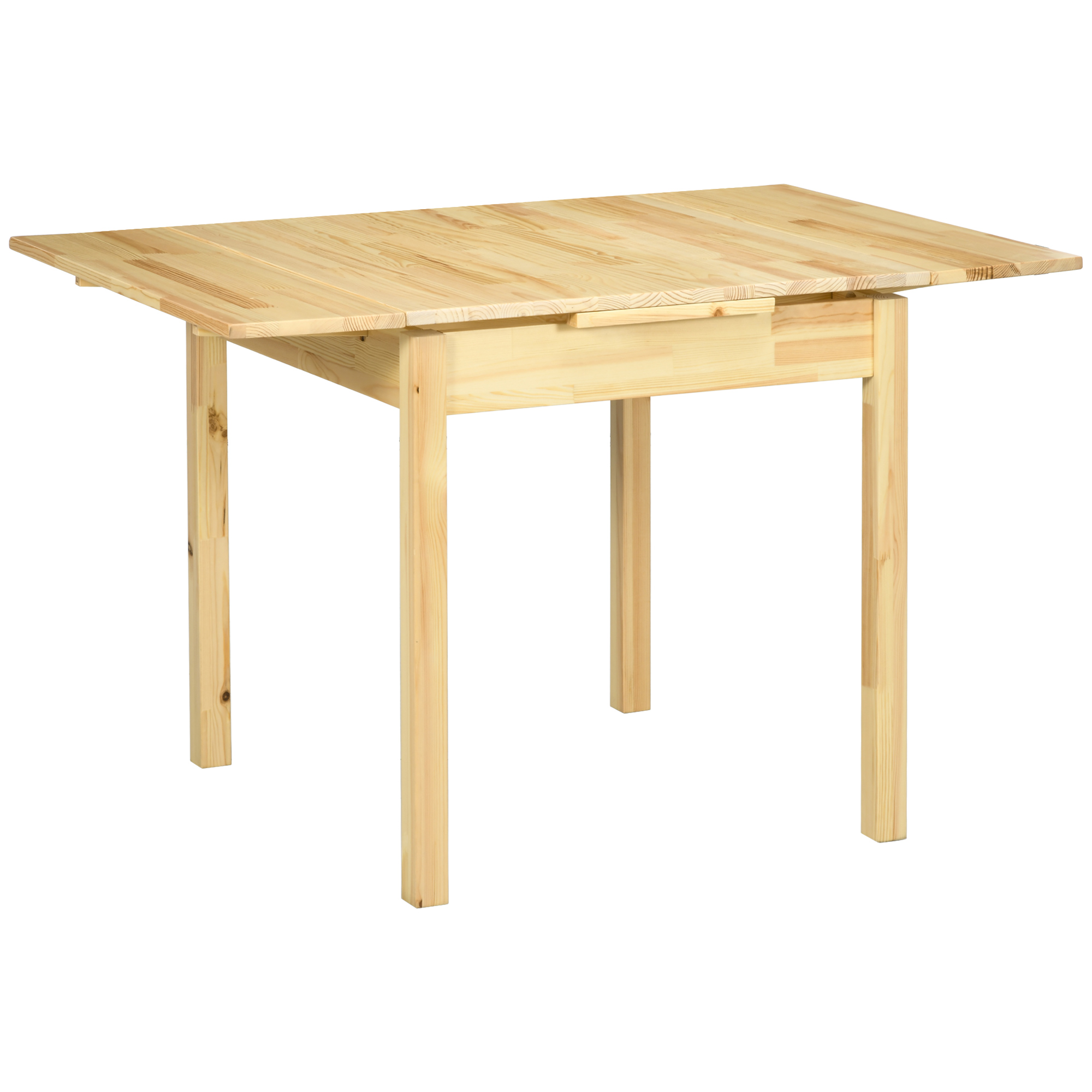 Holztisch. Rechteckig, hell, mit Beinen und einer Schublade. Weißer Hintergrund.