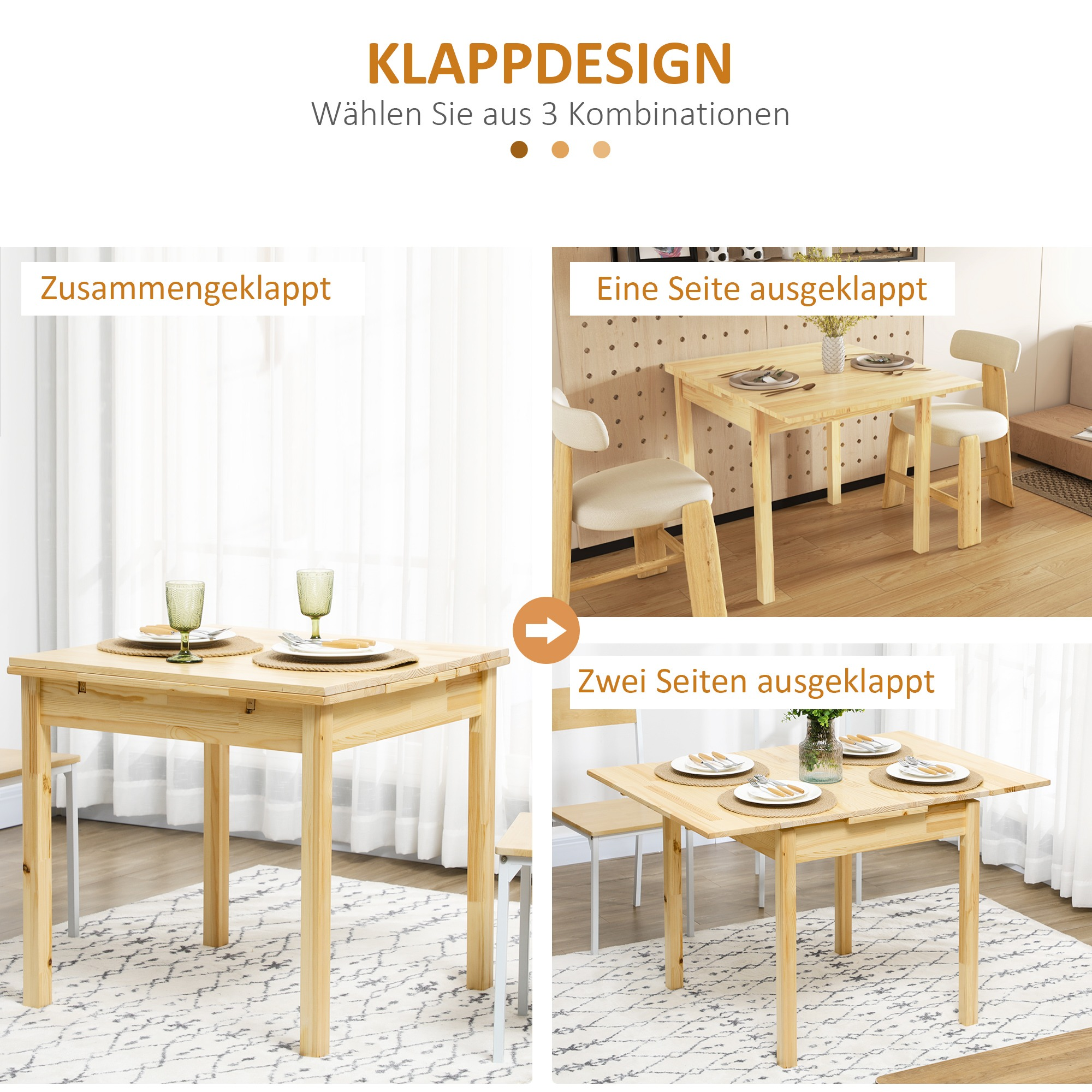 Klapptisch aus Holz, in drei Konfigurationen dargestellt: gefaltet, halb geöffnet, und ganz geöffnet.