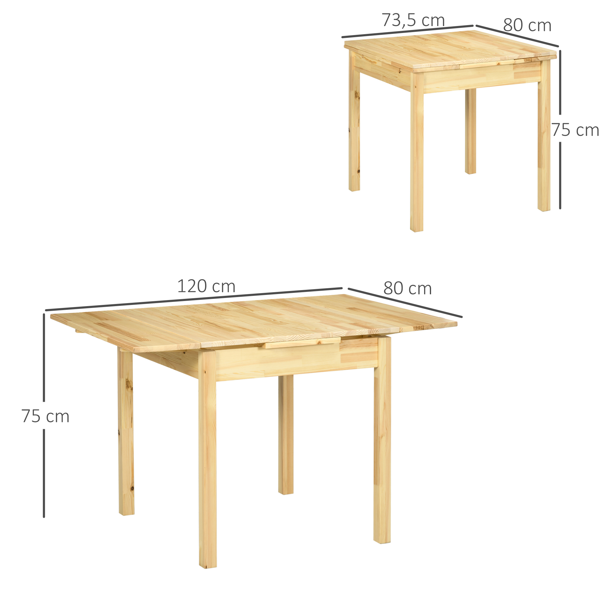 Zwei Holztische in verschiedenen Größen, mit Maßangaben in Zentimetern.