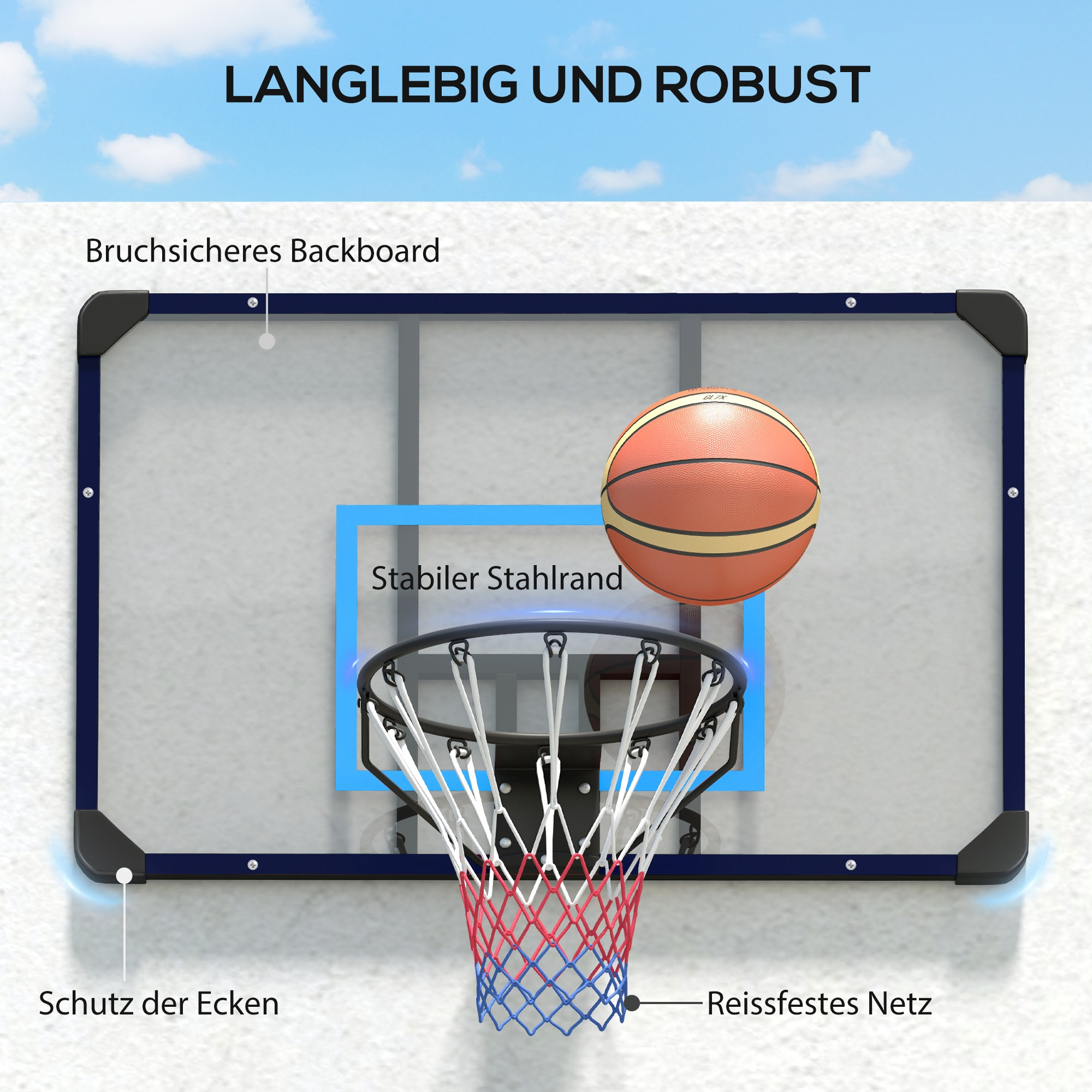 Ein Basketballkorb mit Netz und Ball, an einer weißen Wand montiert, mit Text auf Deutsch.