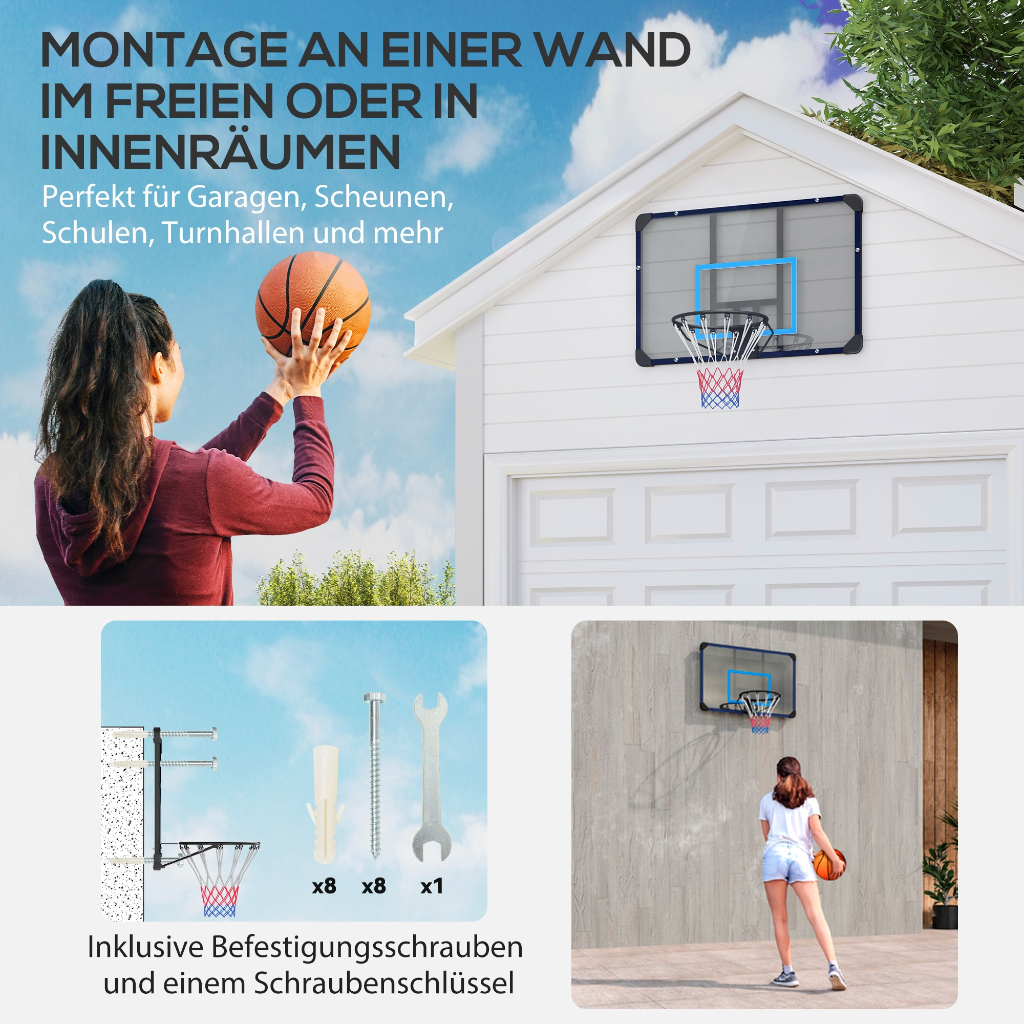 Eine Frau wirft einen Basketball auf einen Mini-Basketballkorb an einer weißen Garage.