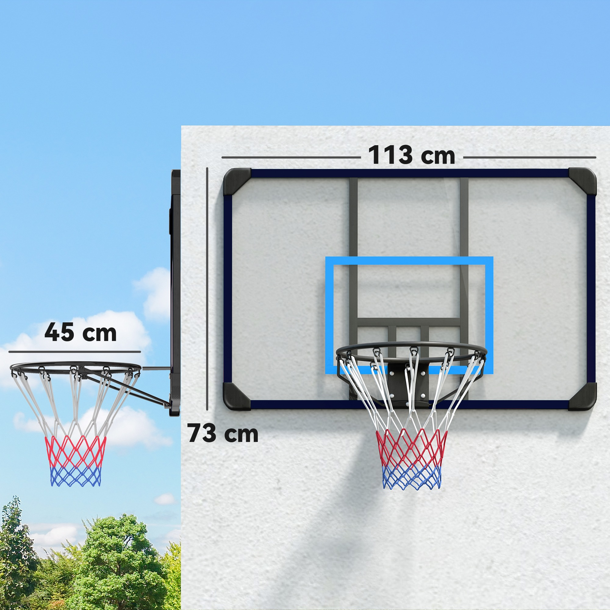 Ein Basketballkorb an der Wand, mit Maßen und blauem Himmel.